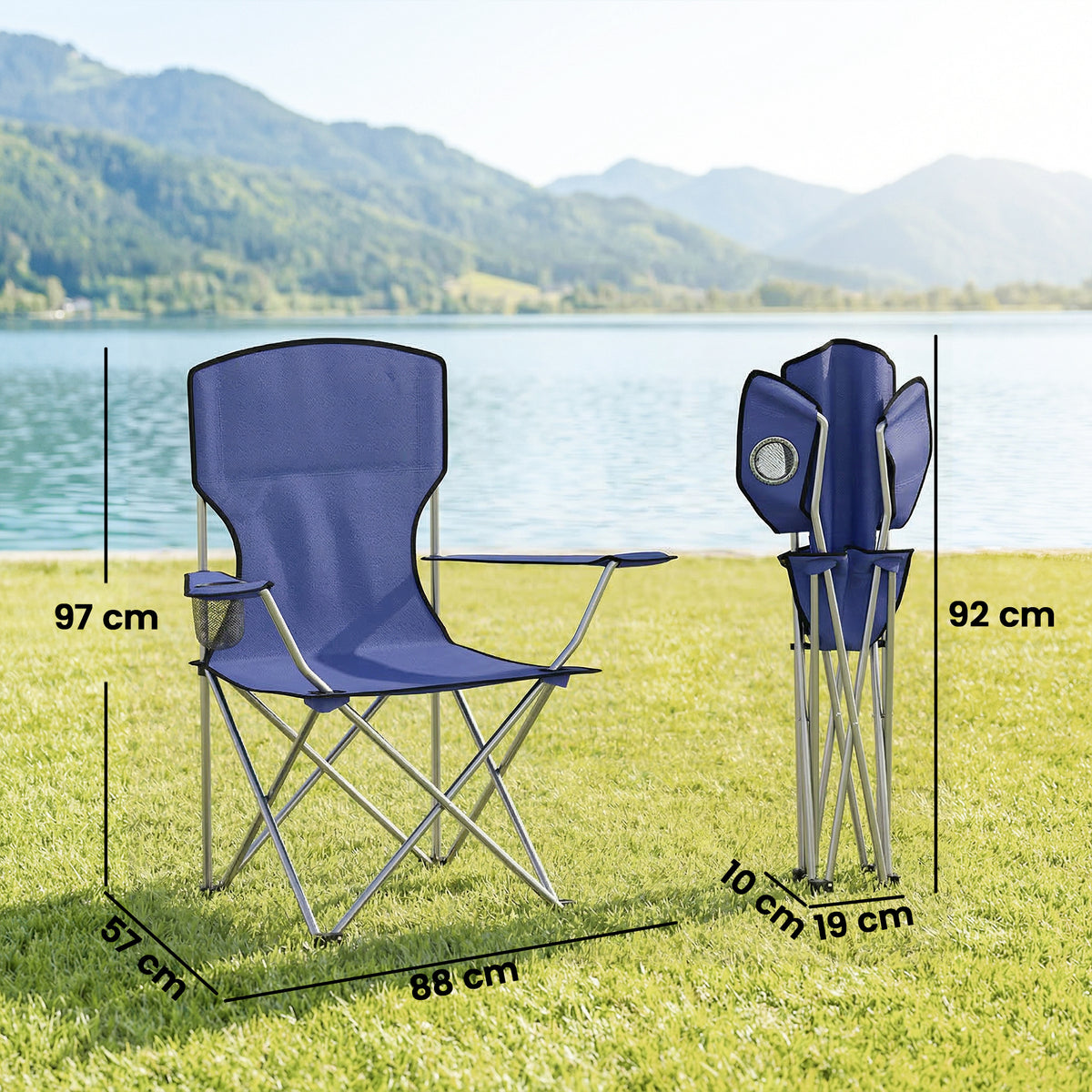 Lot de 2 Chaises de Camping Pliantes avec Porte-Gobelet, Sac de Transport, Dossier Haut, 88x57x97cm, Bleu Foncé