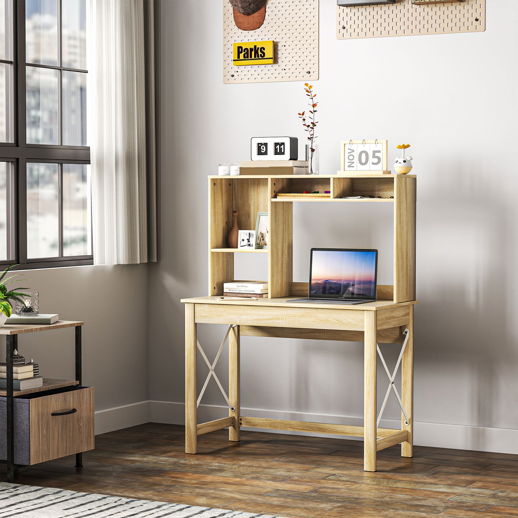 Bureau avec rangement bureau bibliothèque en bois avec étagères et grand plateau pour petits espaces, aspect chêne
