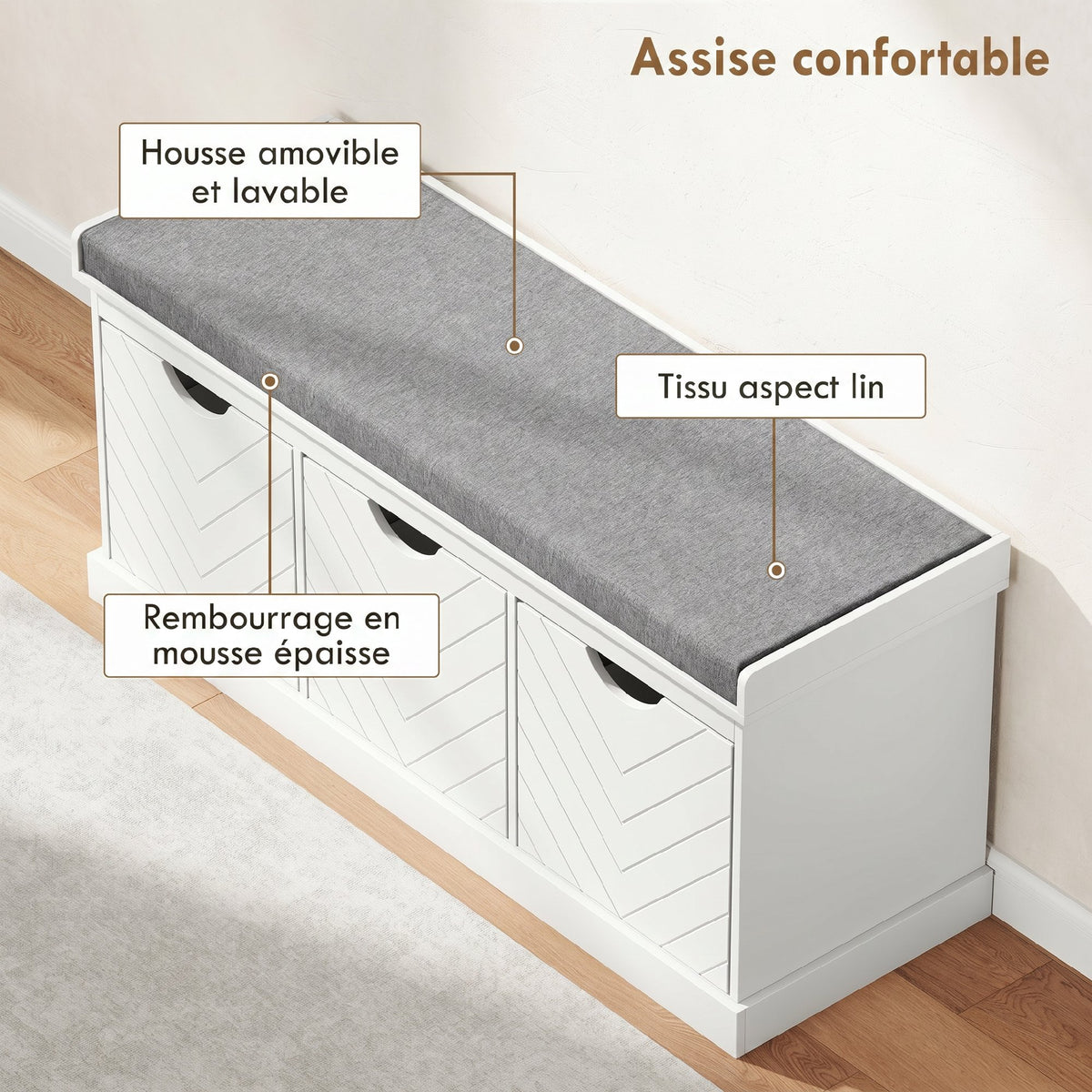 Banc chaussures entrée, banc de rangement avec 3 tiroirs amovibles et coussin rembourré en tissu aspect lin, blanc