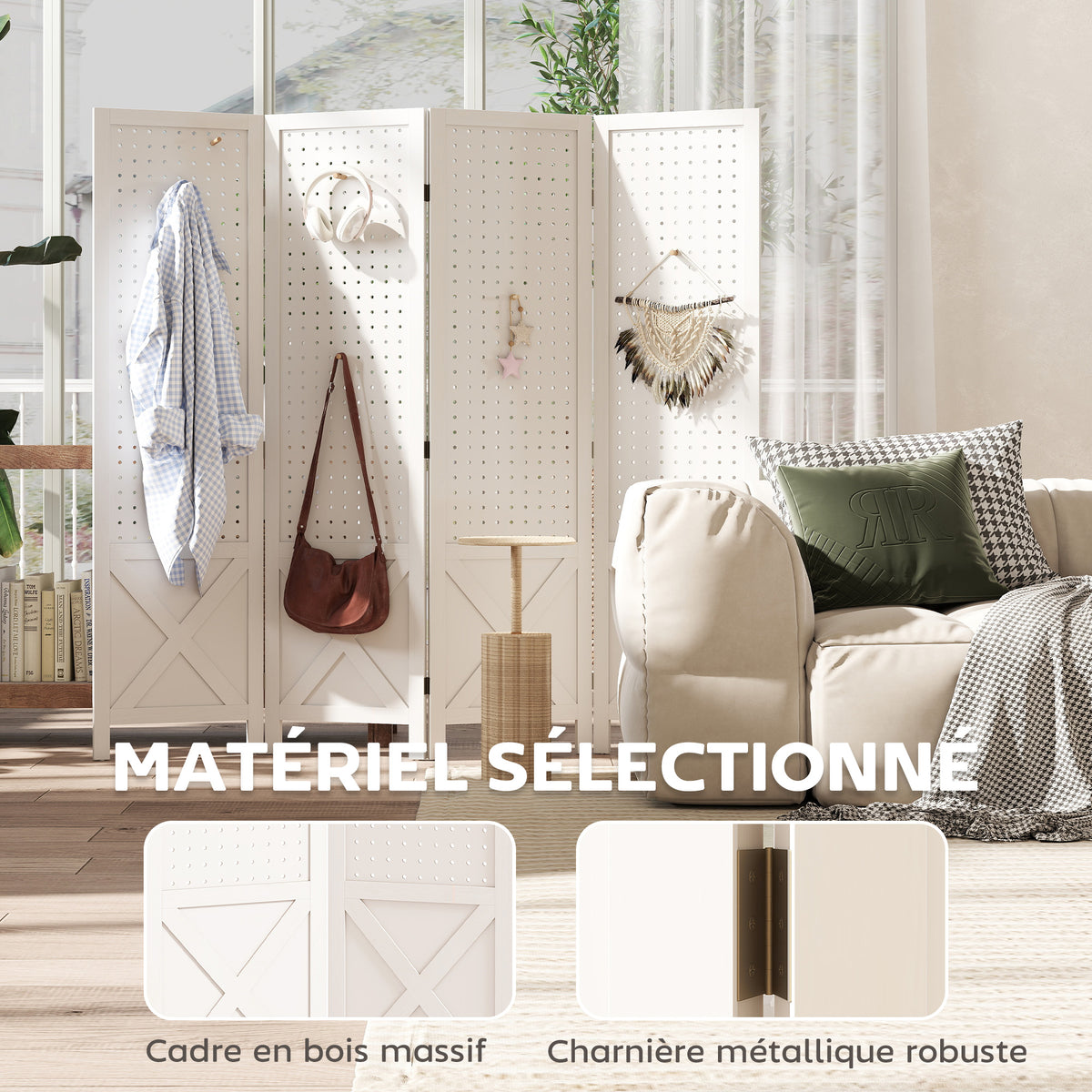 Paravent intérieur en bois 4 panneaux séparateur de pièce pliable panneau perforé 152 x 1,7 x 144,5 cm blanc