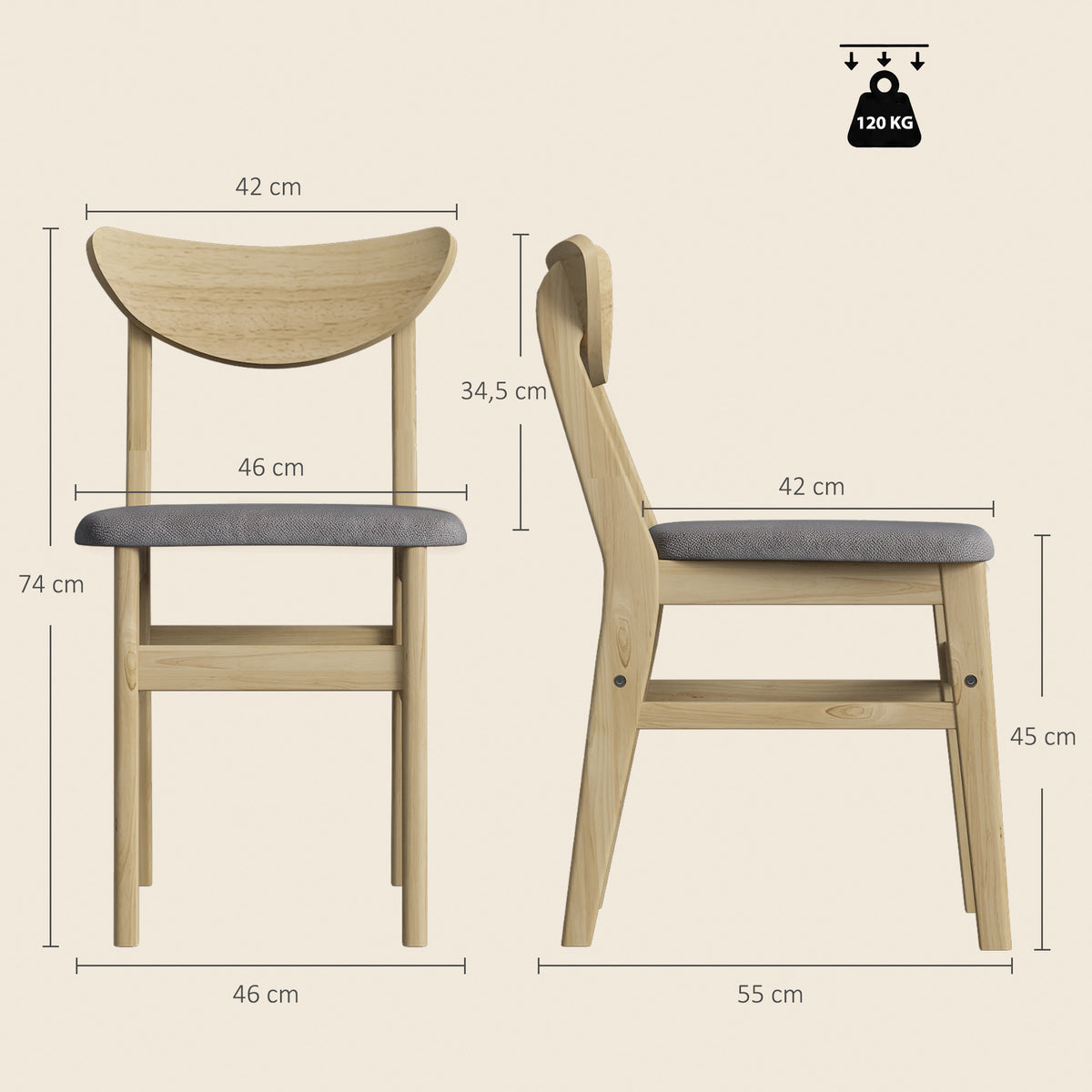 Lote de 2 sillas de comedor, sillas de cocina, asiento tapizado en lino, respaldo curvado, gris y madera natural