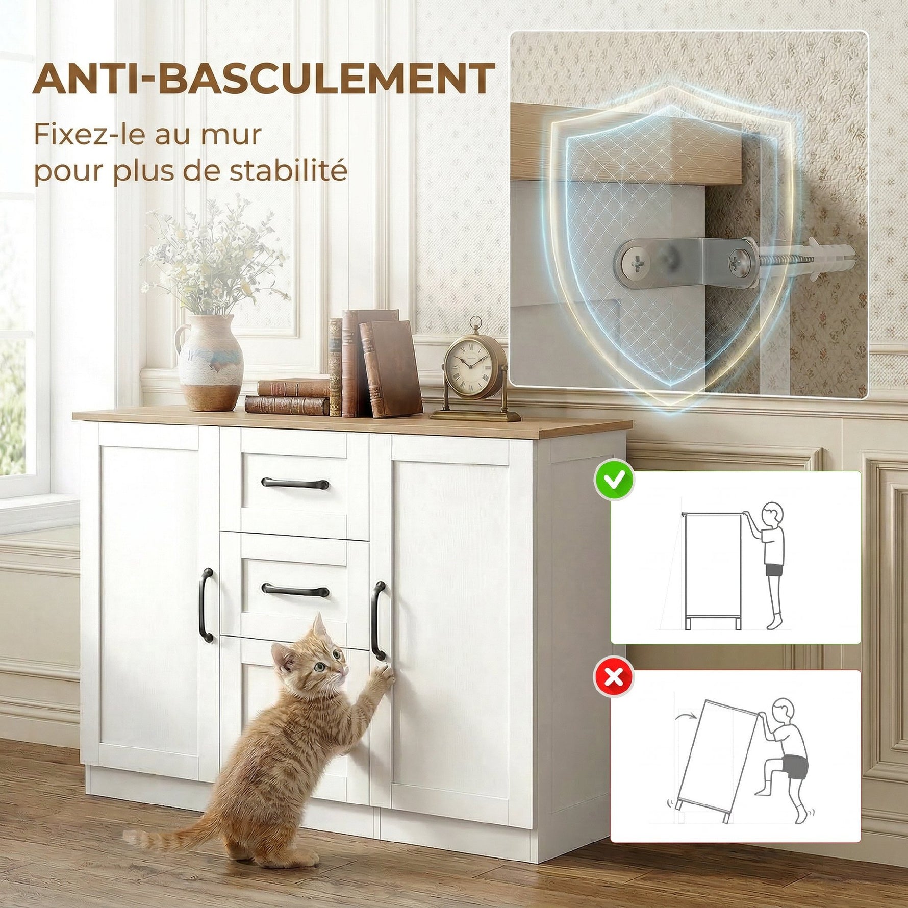 Buffet salon, meuble de rangement avec 2 portes à fermeture douce et 3 tiroirs, 110x35x80,4cm, blanc et bois naturel
