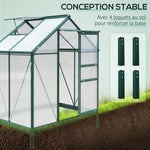 Serre de jardin polycarbonate 190 x 132 x 201 cm résistant aux UV 30+ fondation renforcé gouttière vert foncé
