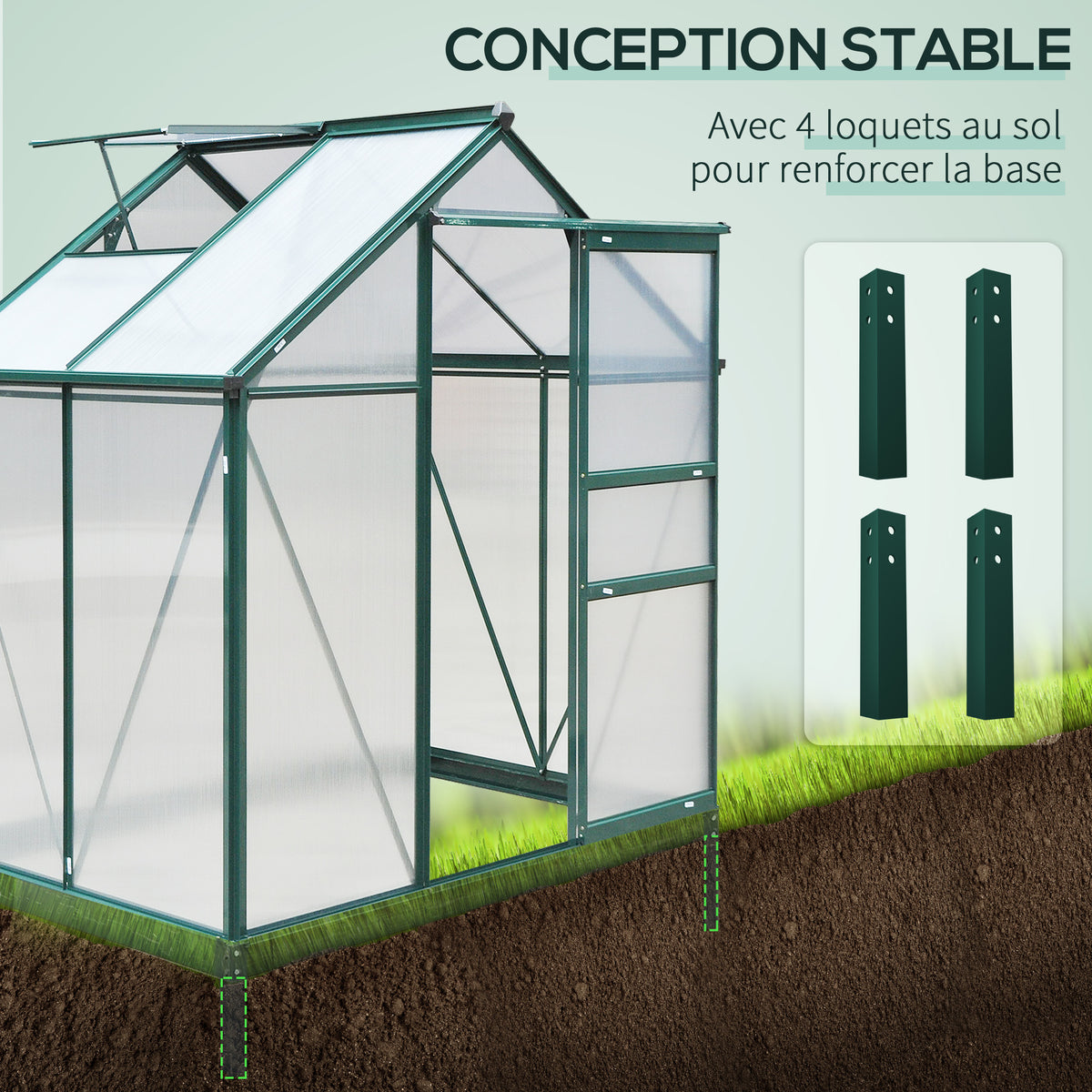 Serre de jardin polycarbonate 190 x 132 x 201 cm résistant aux UV 30+ fondation renforcé gouttière vert foncé
