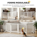 Barrière de Sécurité Chien Pliable Double Face en Bois, 4 Panneaux avec Porte, Pieds de Support, 205 x 60 cm, Blanc