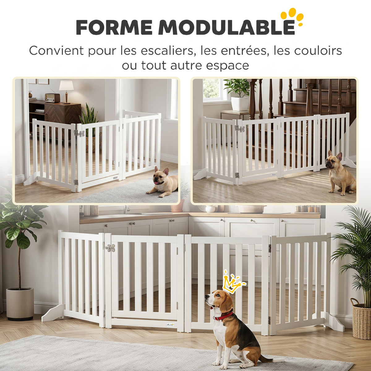 Barrière de Sécurité Chien Pliable Double Face en Bois, 4 Panneaux avec Porte, Pieds de Support, 205 x 60 cm, Blanc