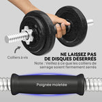 Ensemble d'haltères 2-en-1 20kg poids réglable kit haltères musculation barre d'extension poignée antidérapante noir