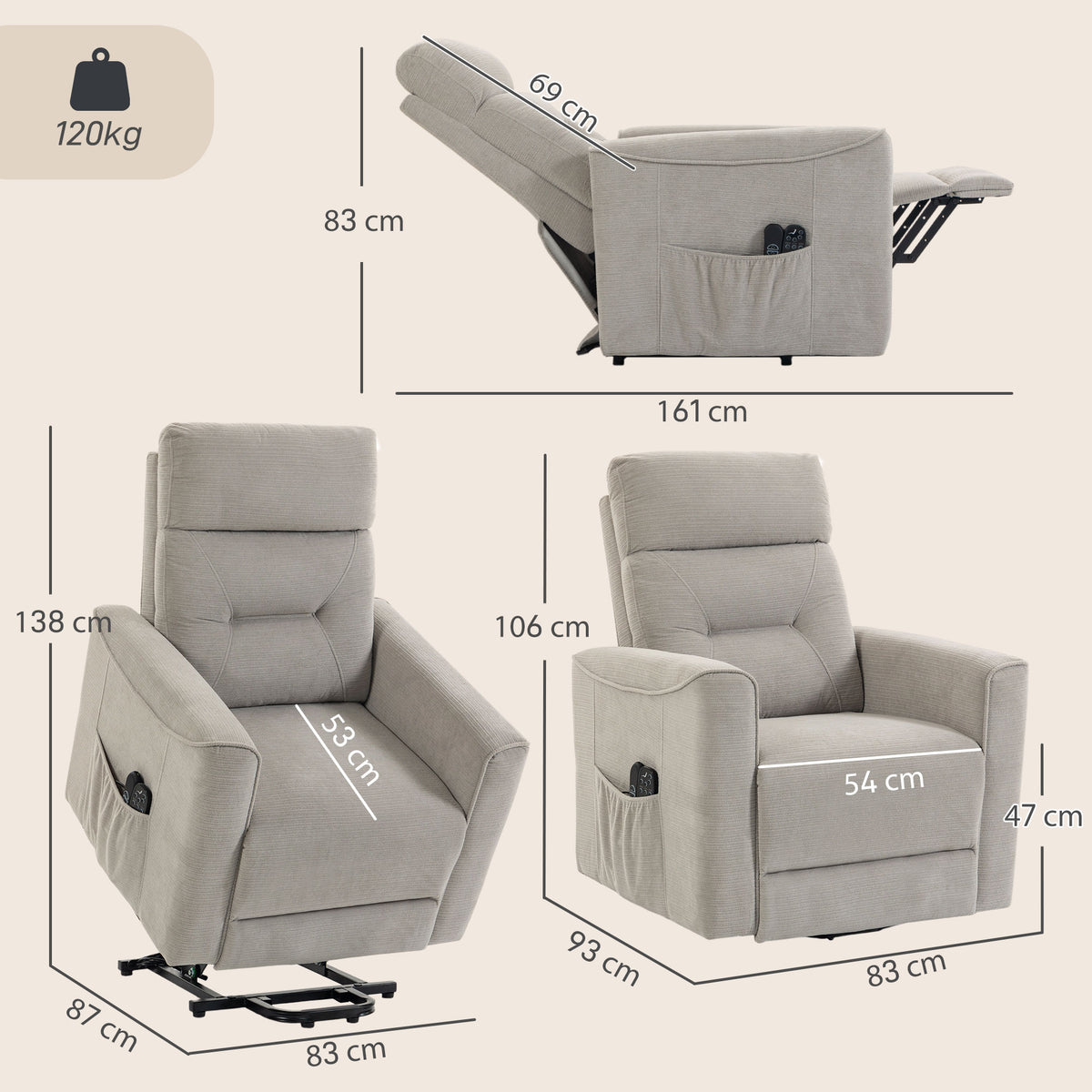 Fauteuil Releveur Électrique Massage Vibration et Chaleur, Fauteuil Relax Électrique, Dossier Inclinable, Chenille, Gris