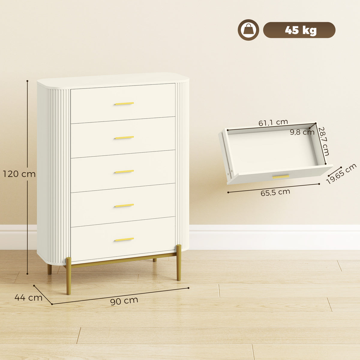 Cassettiera a 5 cassetti, mobile contenitore con frontali scanalati e piedini in metallo, stile moderno, 90x44x120 cm, grigio chiaro