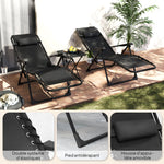 Lot de 2 chaise longue pliable et inclinable avec table d'appoint, porte-gobelets et appuie-têtes, charge 120 kg, noir