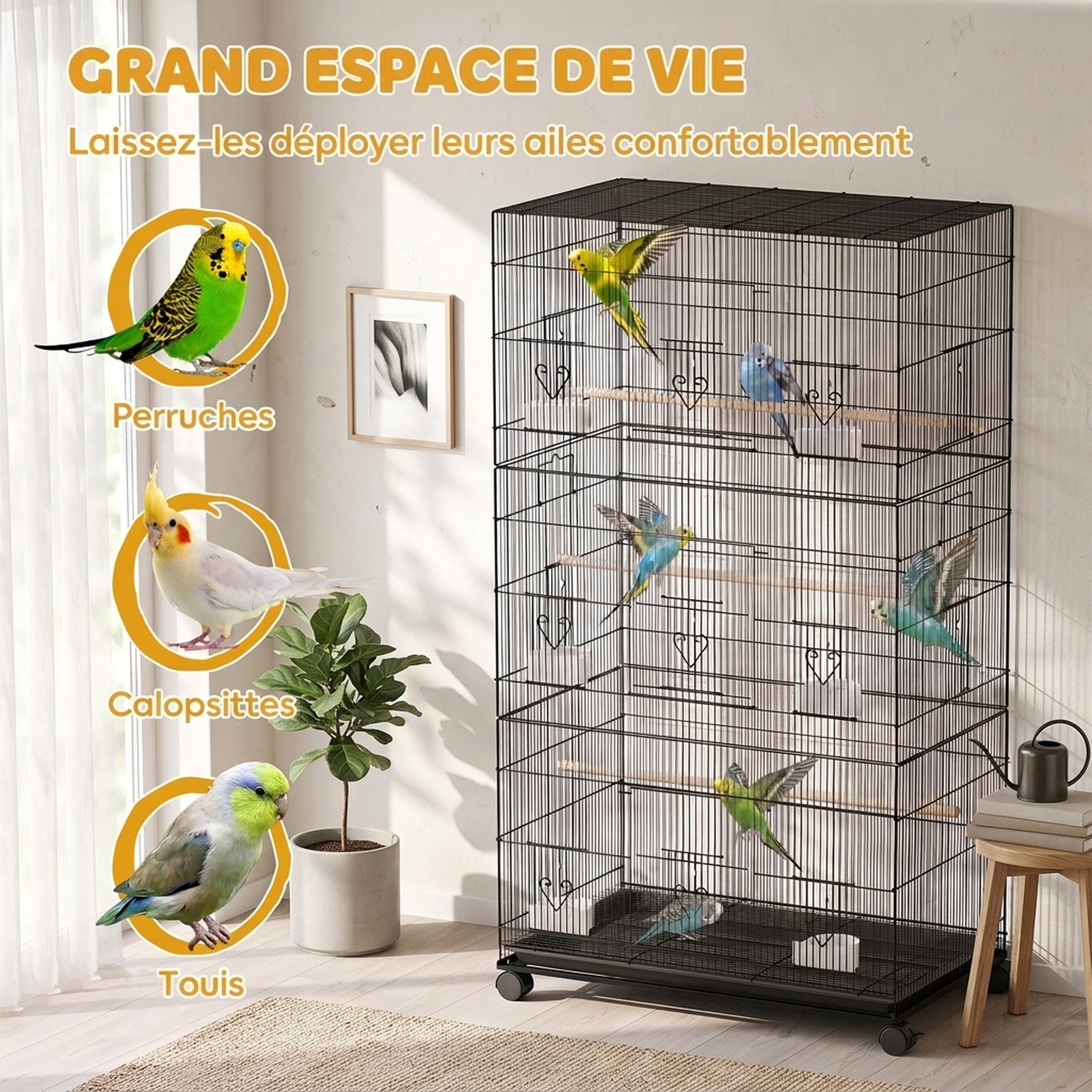 Grande Cage à Oiseaux sur Roulettes en Acier, Plateau Amovible, Portes, Perchoirs, Mangeoires, 77x46,5x141cm, Noir