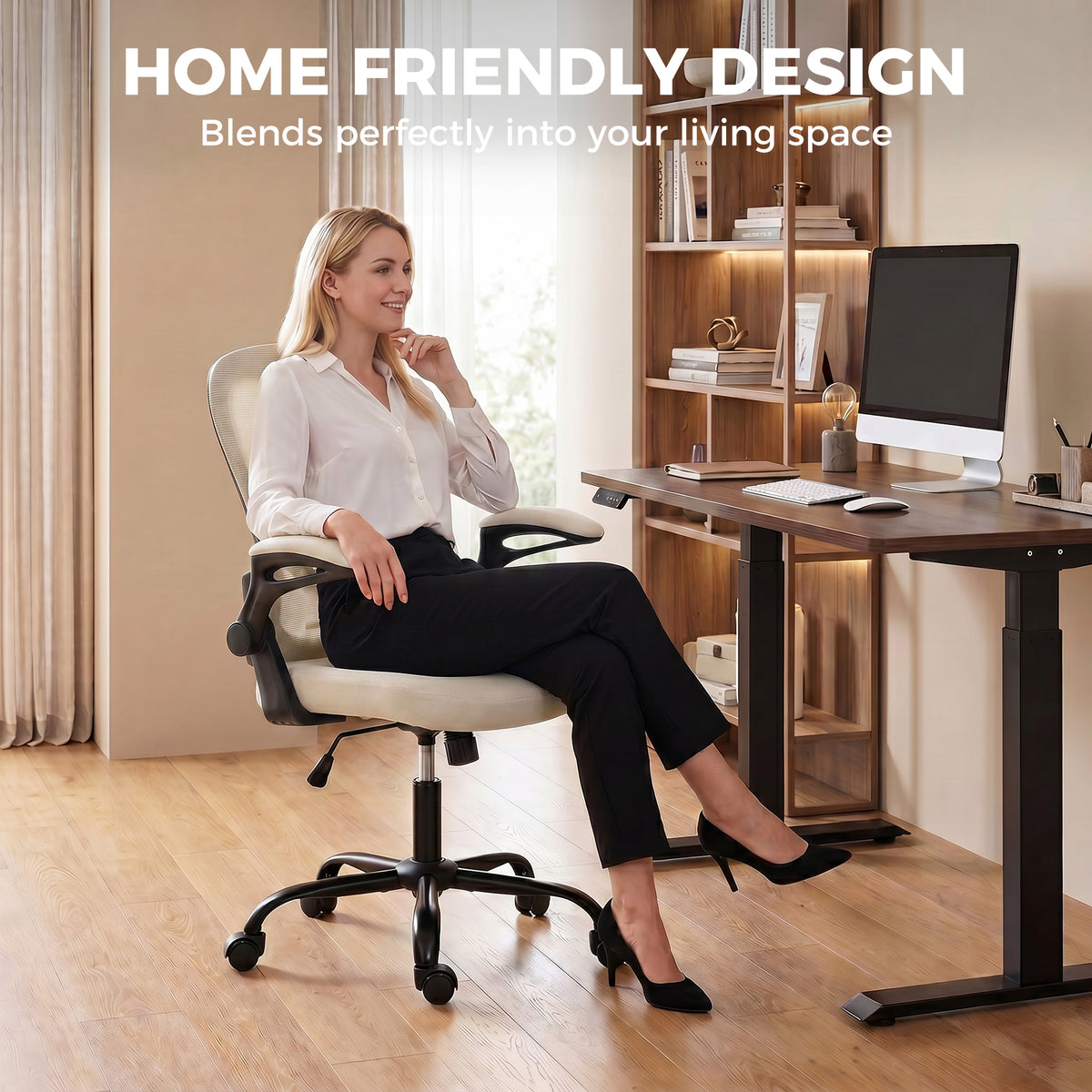 Chaise Bureau Ergonomique, Fauteuil de Bureau Maille, Accoudoirs Relevables, Hauteur Réglable, Fonction Bascule, Beige