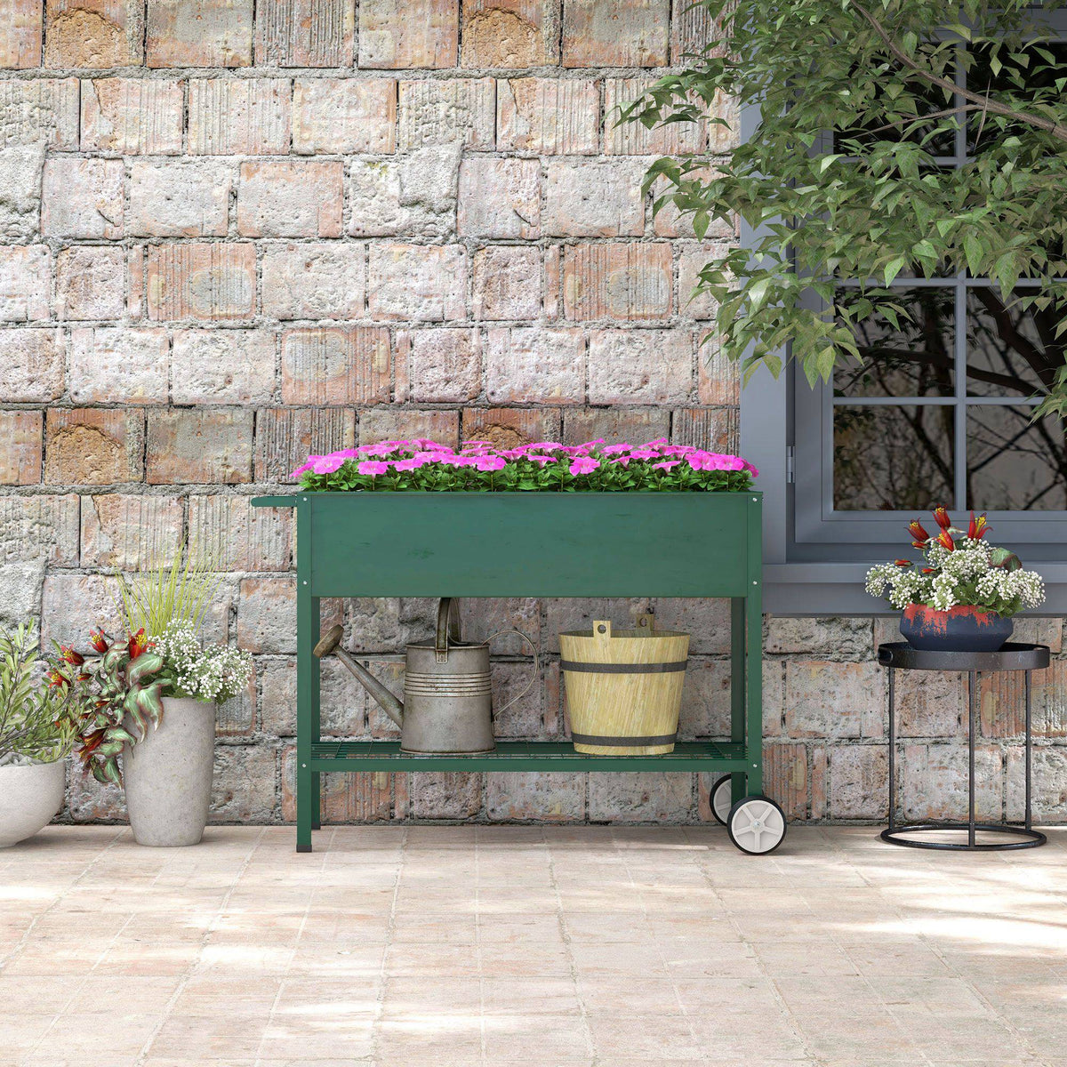Jardinière sur Pieds Potager dim. 109L x 44l x 80H cm étagère 2 Roues + Insert d'irrigation métal Vert