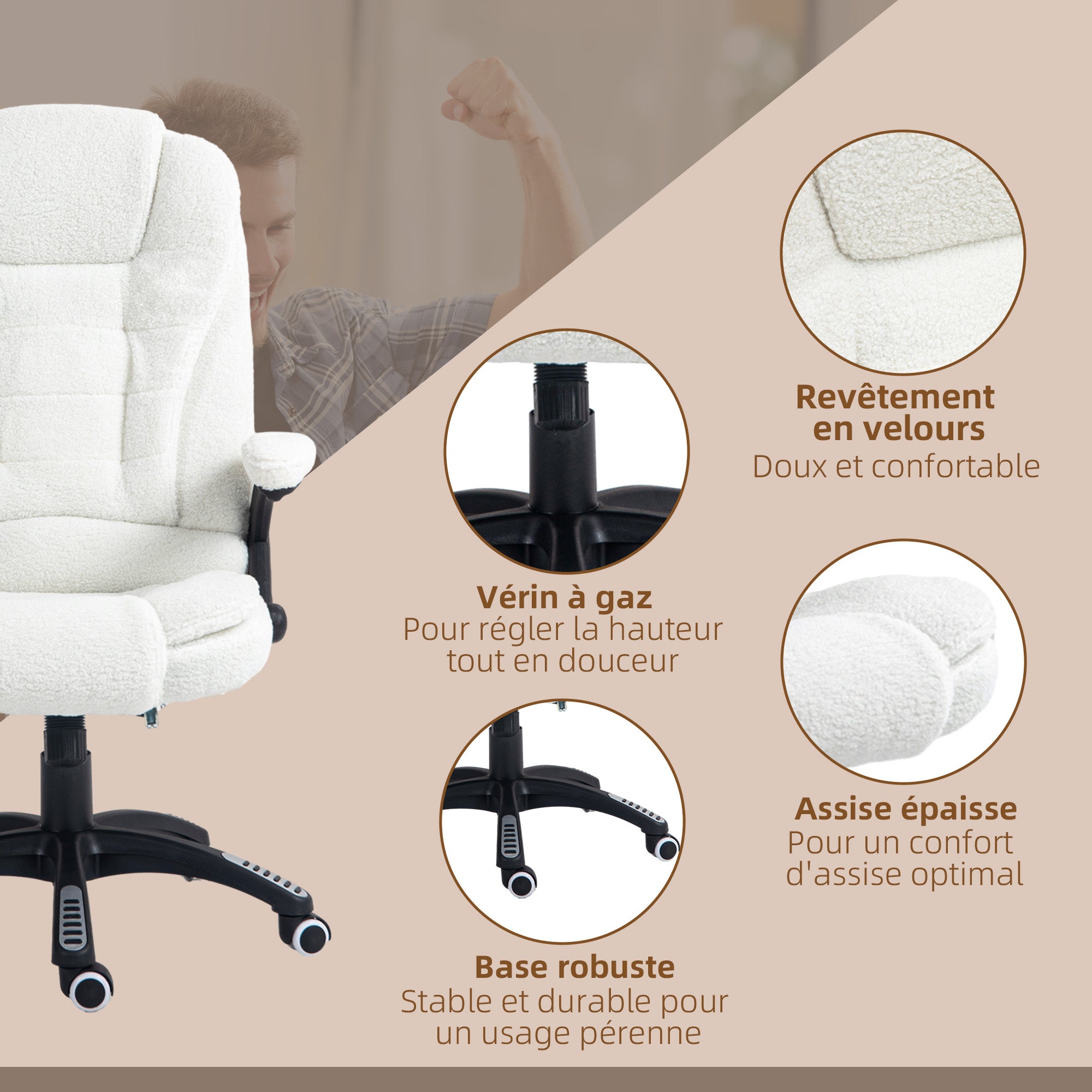 Massage and heating office chair, adjustable height, reclining backrest with wired remote control, 360° swivel