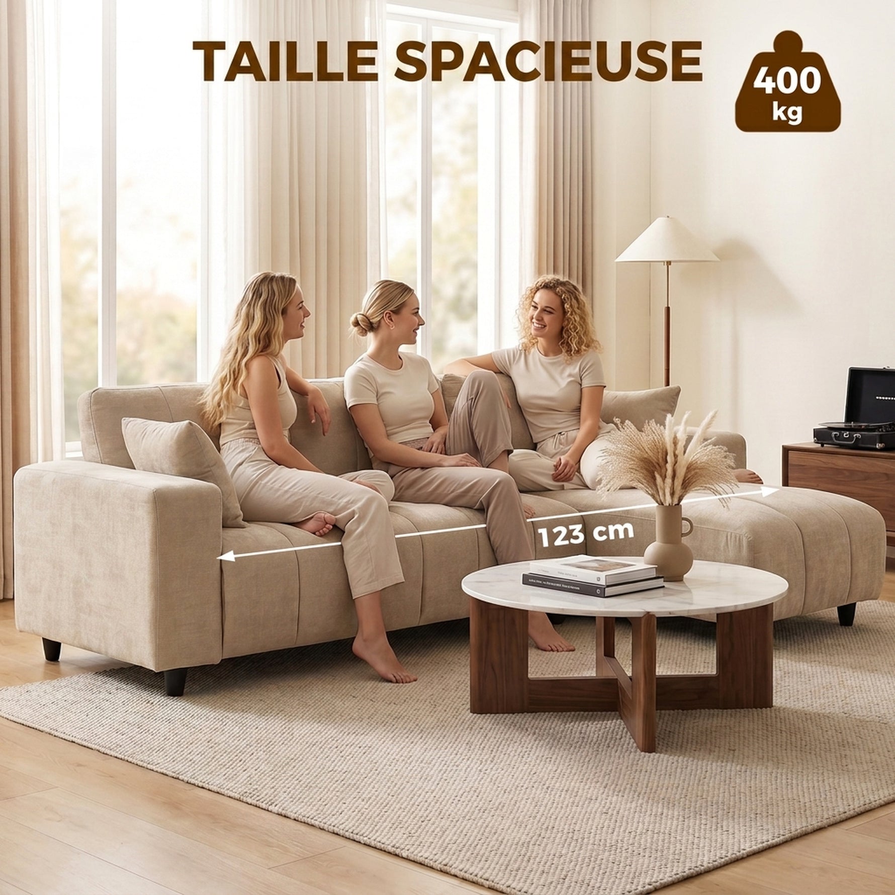 Canapé d'Angle Modulable 242 cm, Canapé 4 Places en L avec Méridienne Réversible, 2 Oreillers, Tissu Aspect Lin, Beige