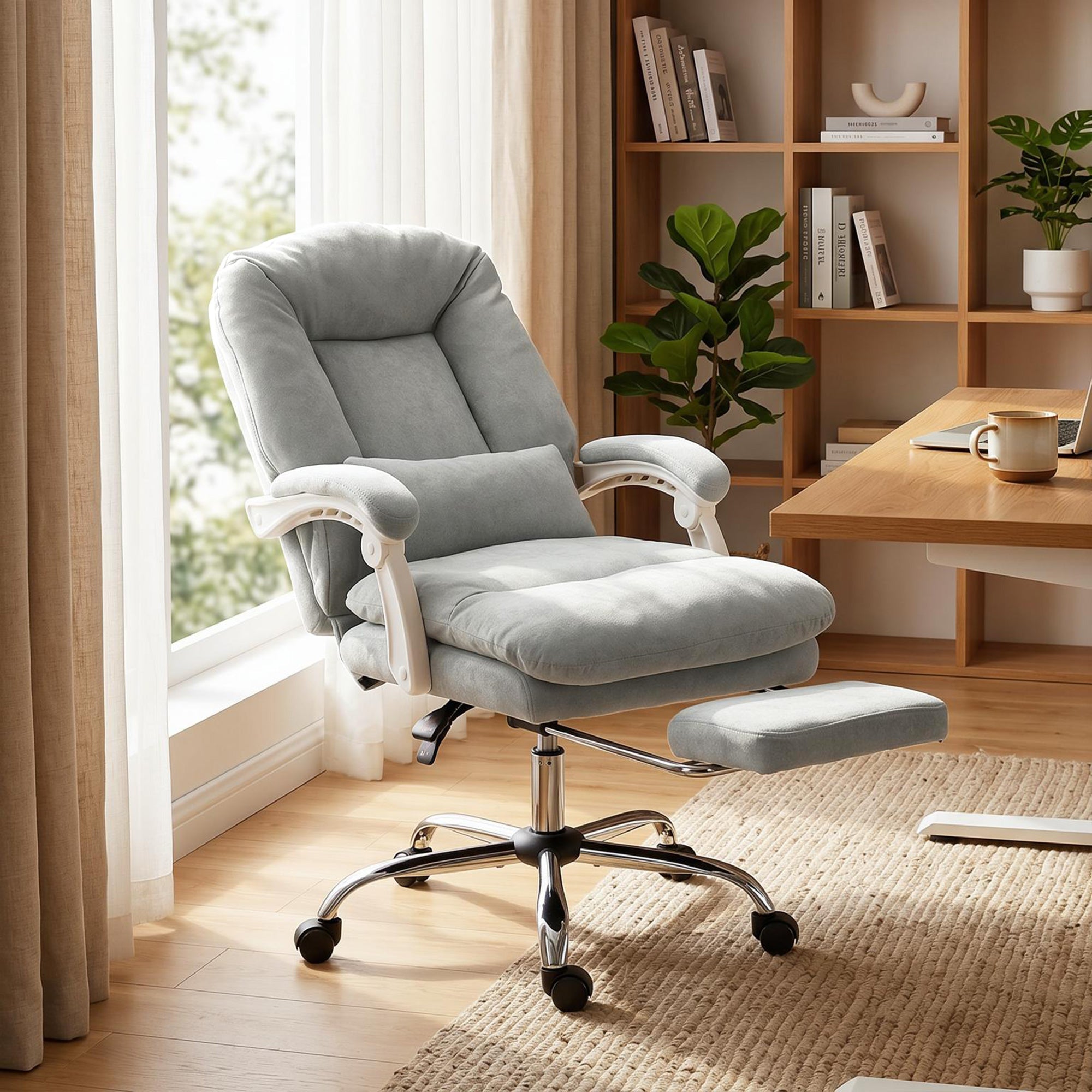 Chaise bureau ergonomique, fauteuil de bureau inclinable en velours avec support lombaire, hauteur réglable, gris clair