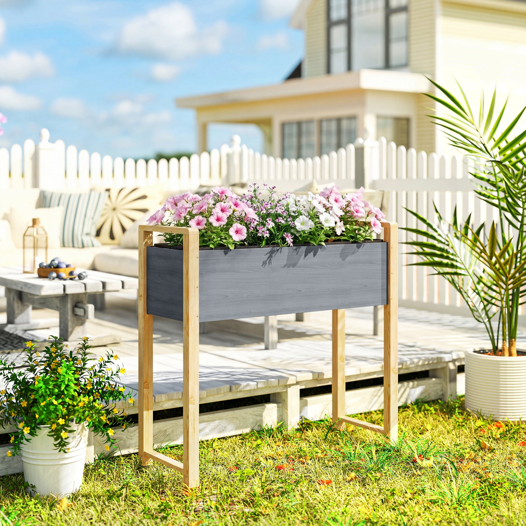 Carré Potager avec pieds Lit de Jardin Surélevé 4 trous de drainage et Tissu non tissé,  98 x 37 x 90 cm, gris