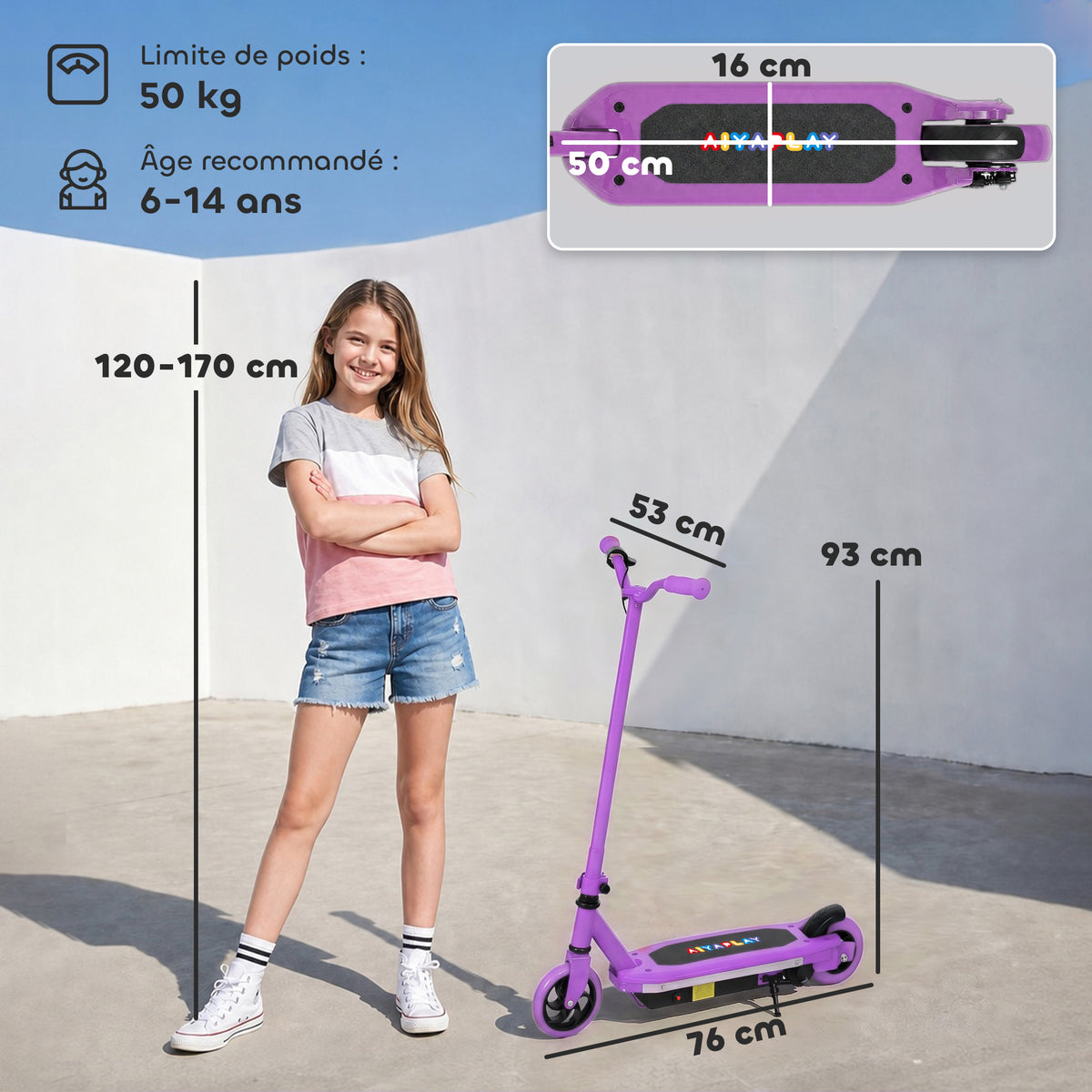 Trottinette électrique pour enfants 6-14 ans, vitesse maximale 10 km/h, lumières LED colorées, frein électrique, violet