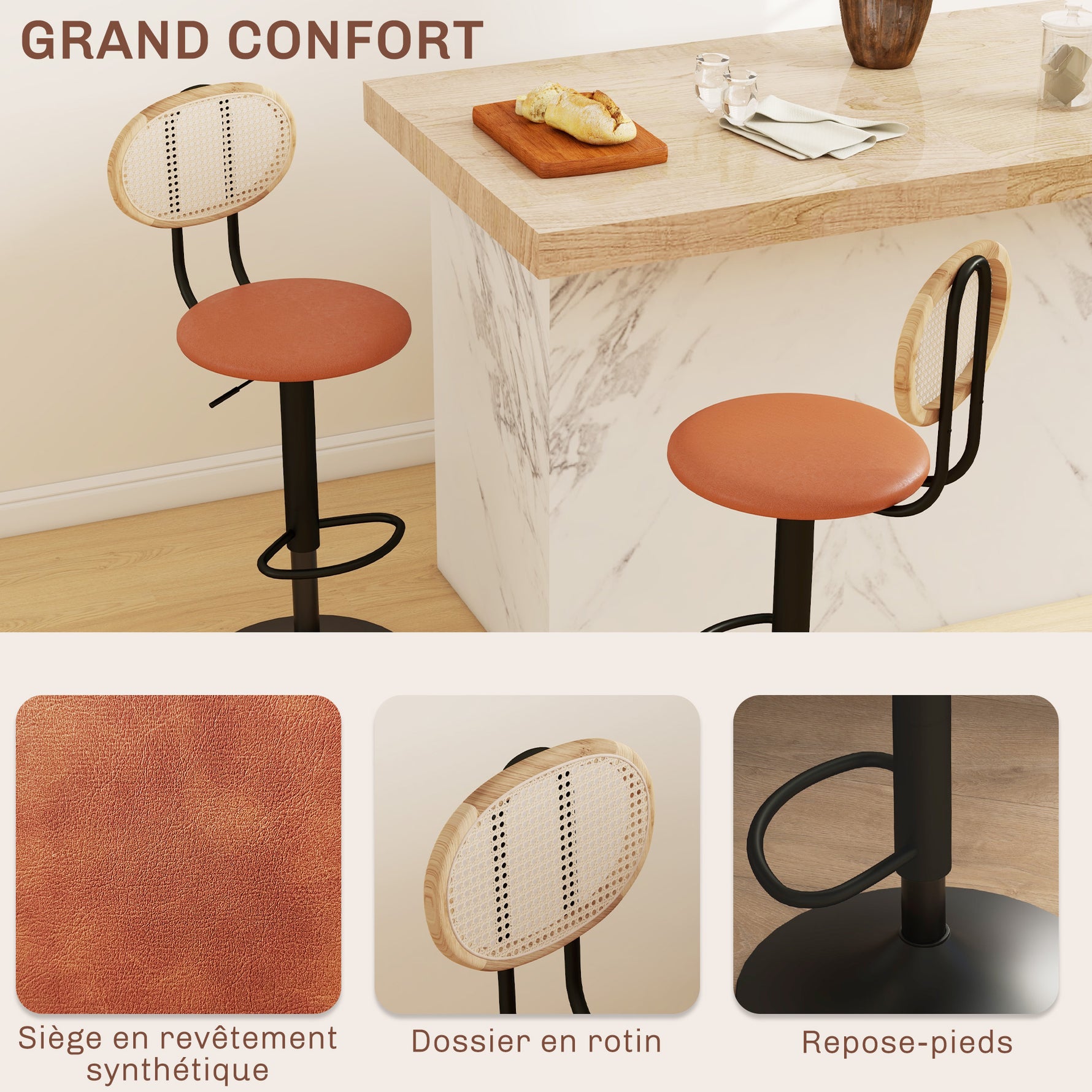 Lot de 2 tabourets de bar chaises de bar hauteur réglable avec dossier en rotin et repose-pieds, marron