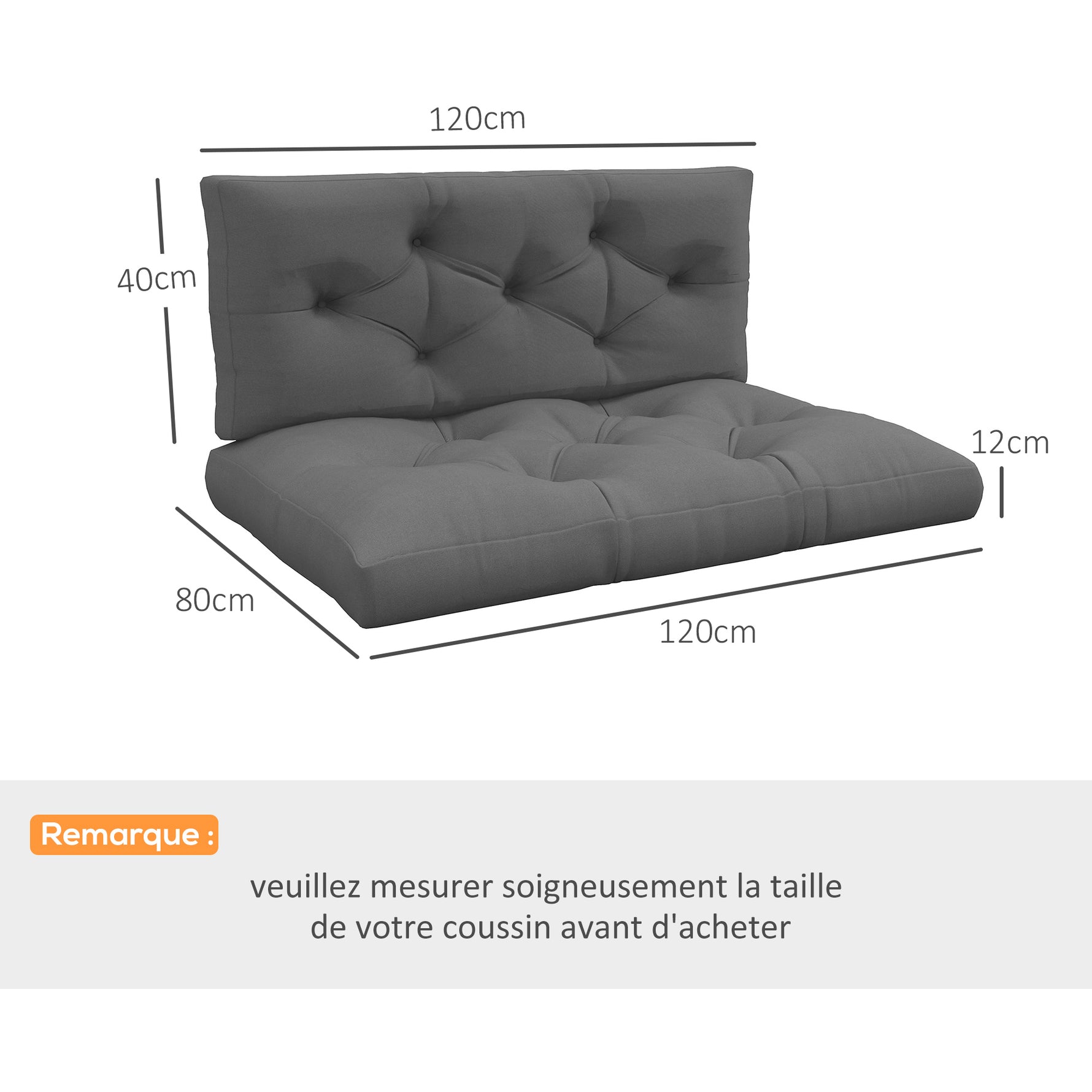 Ensemble de 2 coussins pour canapé palette 2 places dim. 120L x 80l x 12H cm Polyester gris