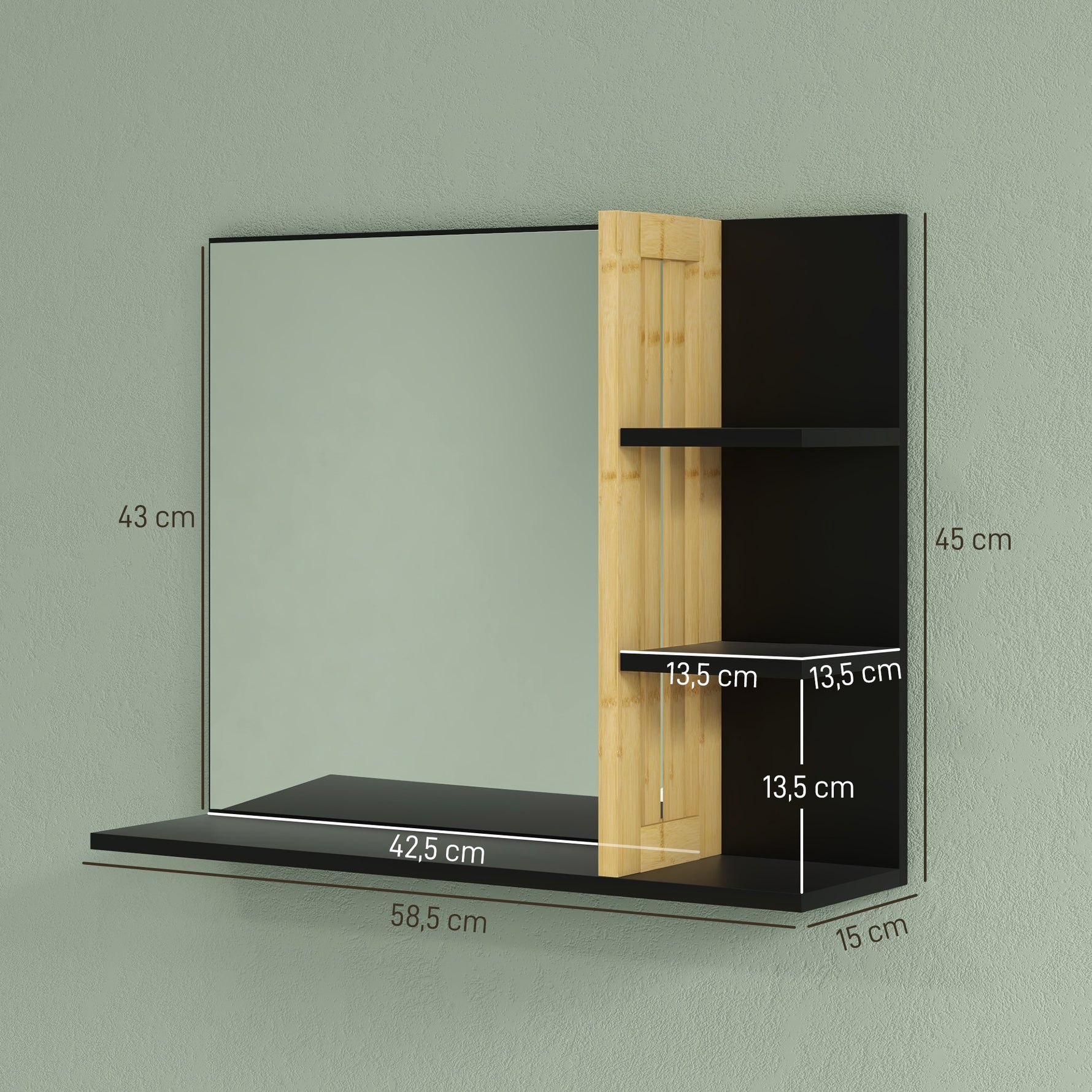 Miroir mural de salle de bain avec étagères de rangement - 3 étagères latérales + 1 étagère inférieure - bois de bambou