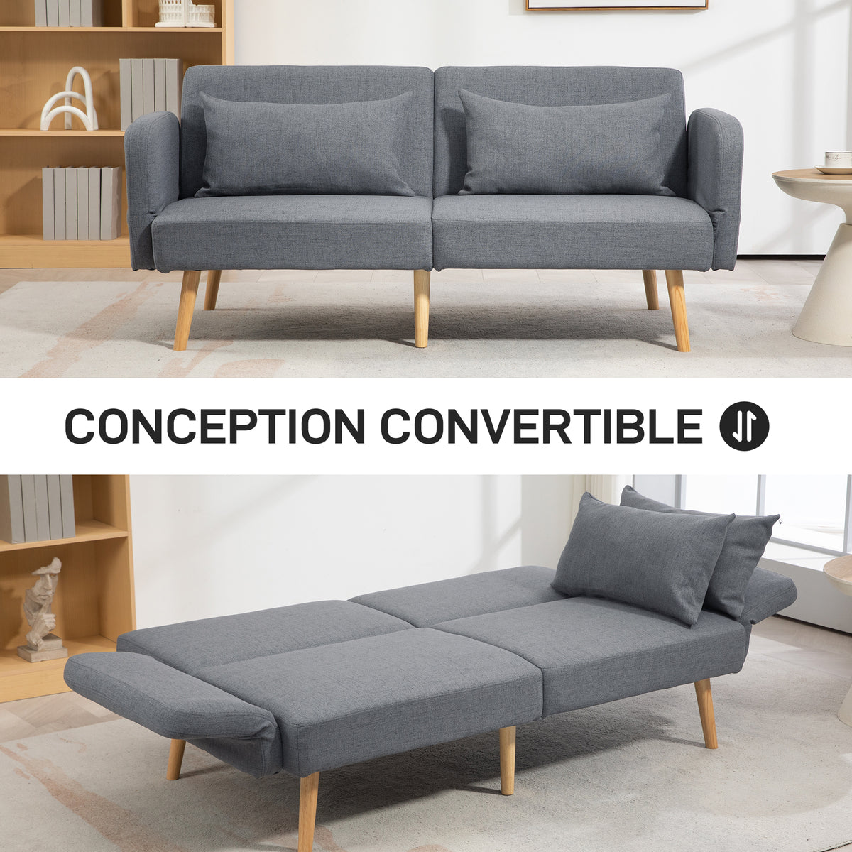 Canapé convertible 3 places design clic clac dossier inclinable et accoudoirs réglables tissu effet lin gris