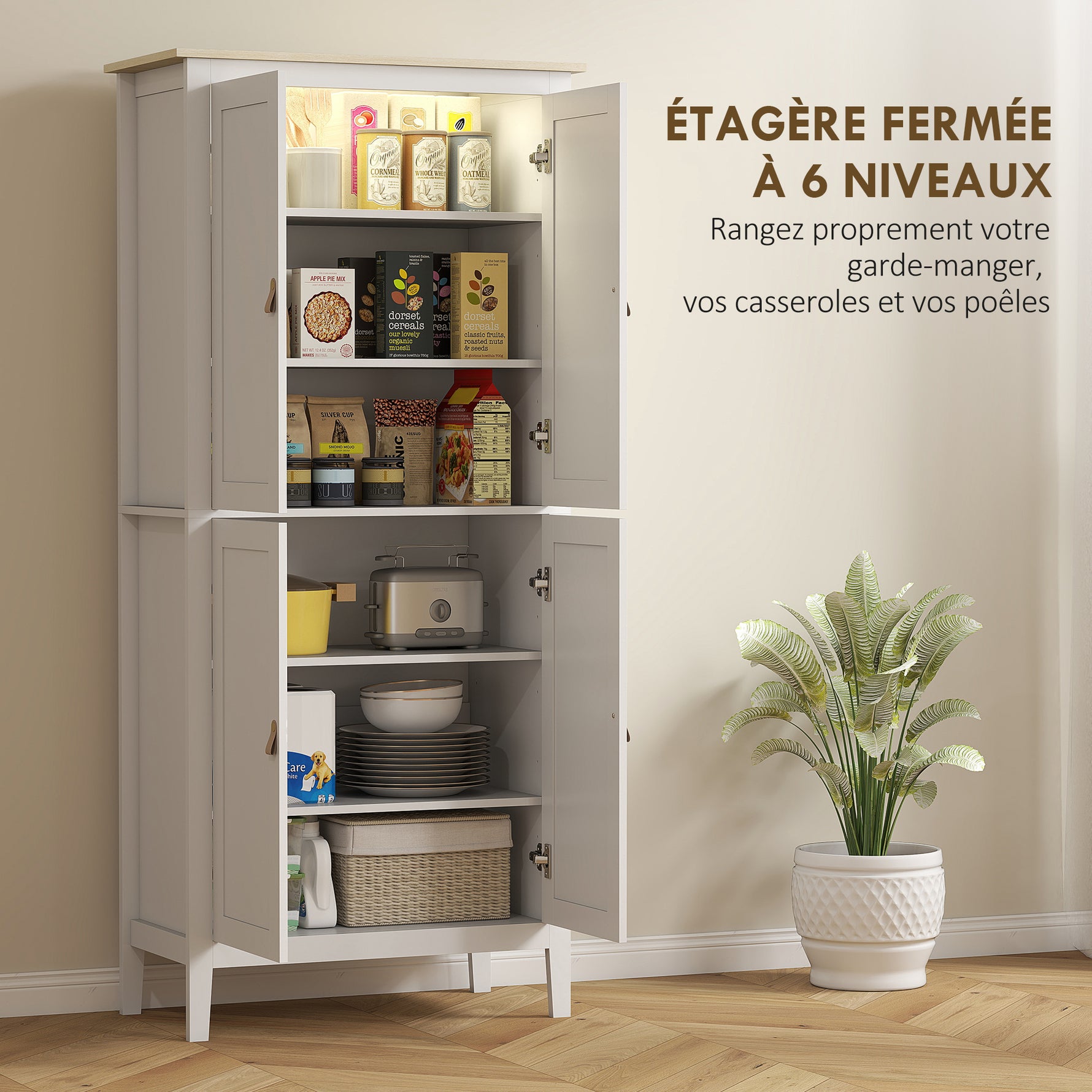 Buffet cuisine, meuble cuisine rangement haut avec LED réglable et détecteur de mouvement, 80 x 40 x 176,5 cm, blanc