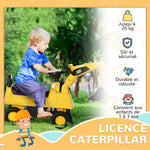 Tractopelle enfant sous licence CAT, porteur enfant, pelle manuelle, klaxon et rangement caché, 85x27,5x47,5cm, jaune