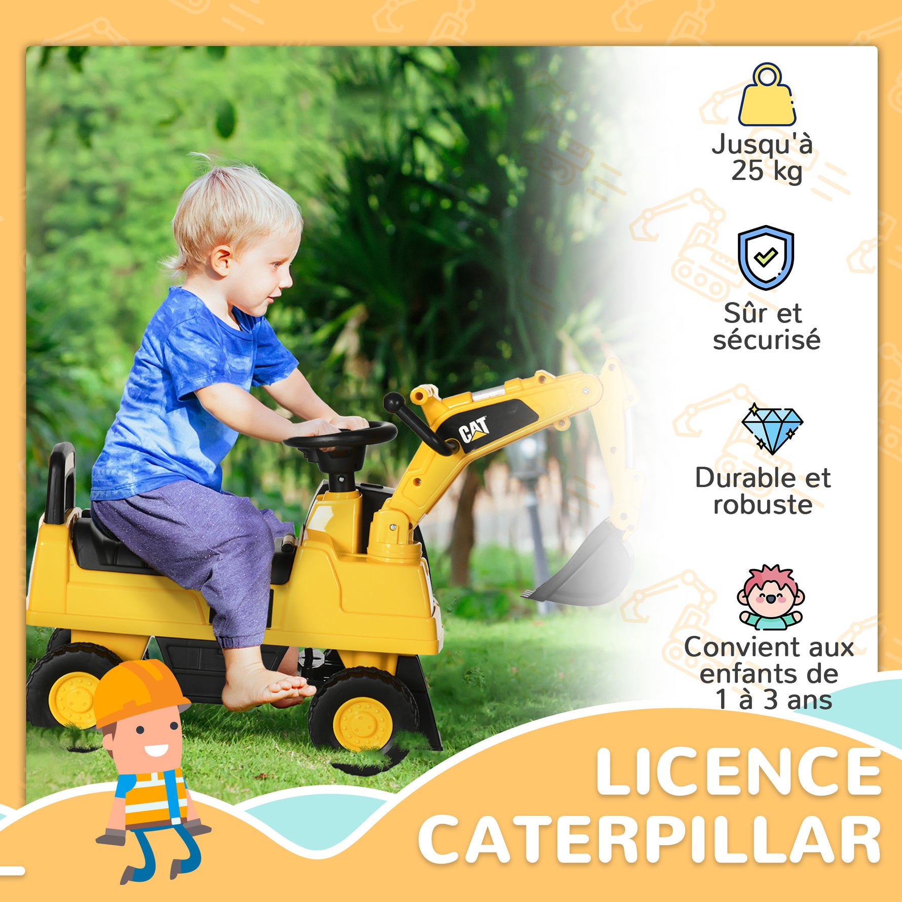 Tractopelle enfant sous licence CAT, porteur enfant, pelle manuelle, klaxon et rangement caché, 85x27,5x47,5cm, jaune