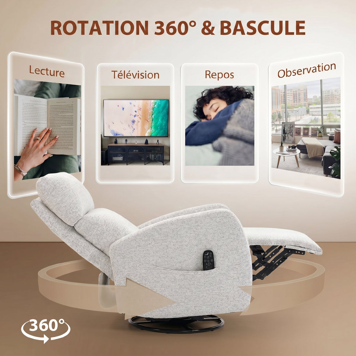 Sillón reclinable de masaje y calefacción, sillón de relax de chenilla, respaldo ajustable, giratorio 360°, crema