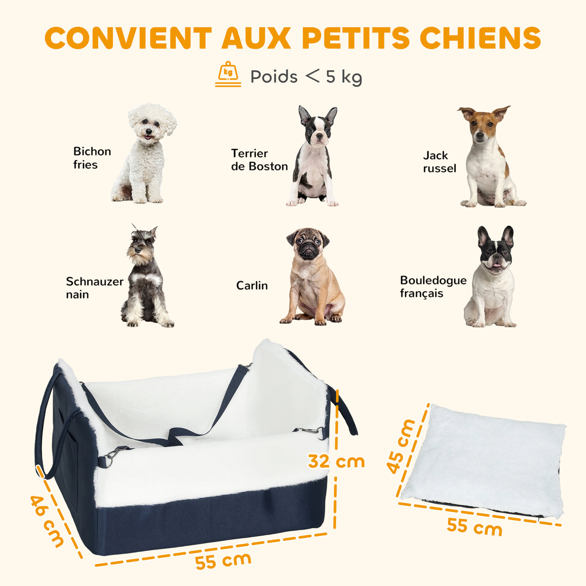 Siège auto pour chien avec ceinture de sécurité et fixation, siège de voiture pour chiens 55 x 46 x 32 cm bleu marine