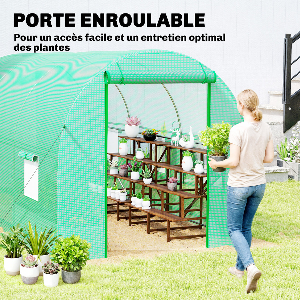 Serre tunnel de jardin 8 m², serre de jardin tunnel avec porte et 6 fenêtres, bâche PE 140 g/m² 400 x 200 x 200 cm vert