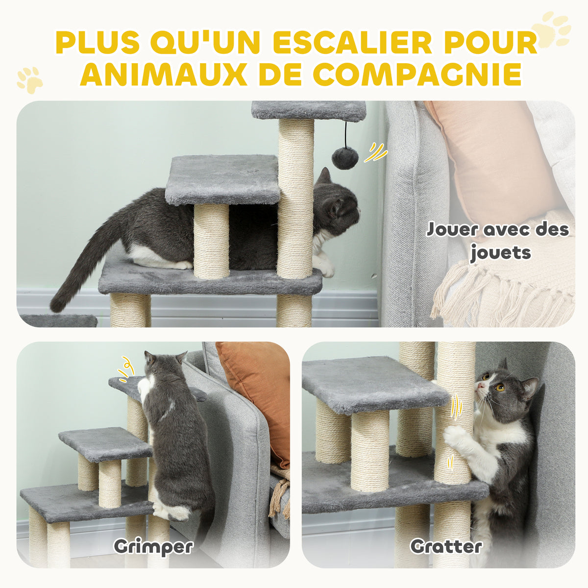 Escalier pour animaux domestiques réglable 3/4 marches échelle pour chat chien griffoirs sisal 70 x 32 x 68 cm gris