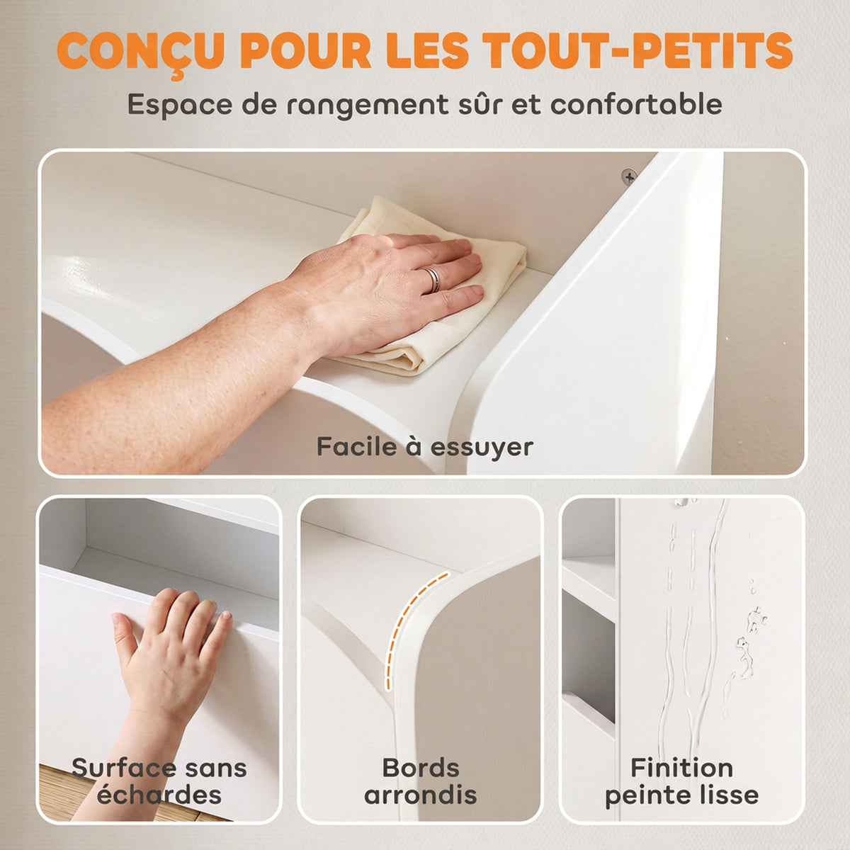 Meuble de rangement jouets enfant avec bibliothèque, 8 bacs en tissu, 2 tiroirs à roulettes et étagères ouvertes, blanc