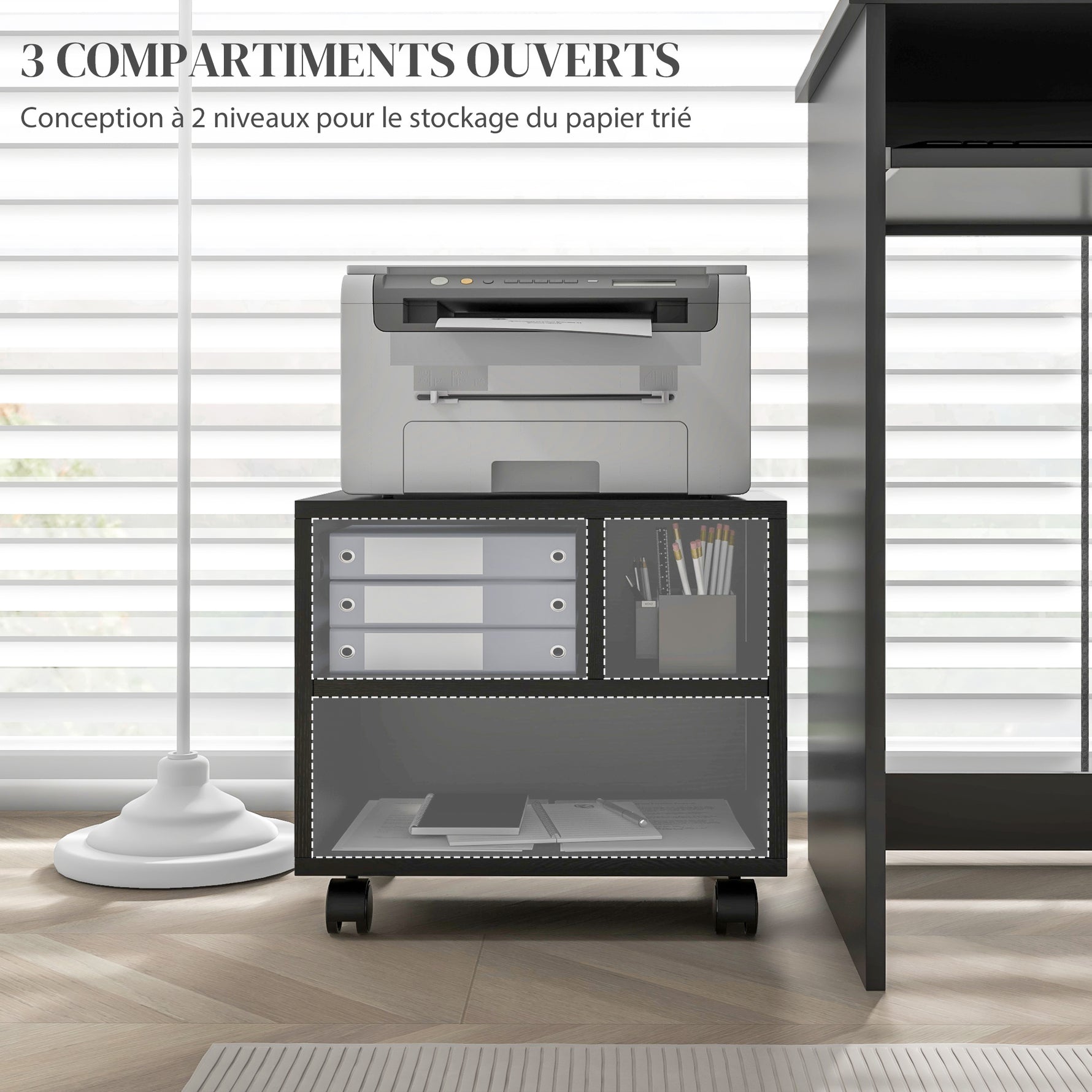 Support d'imprimante meuble de rangement bureau caisson 3 compartiments ouverts 40 x 30 x 36 cm noir
