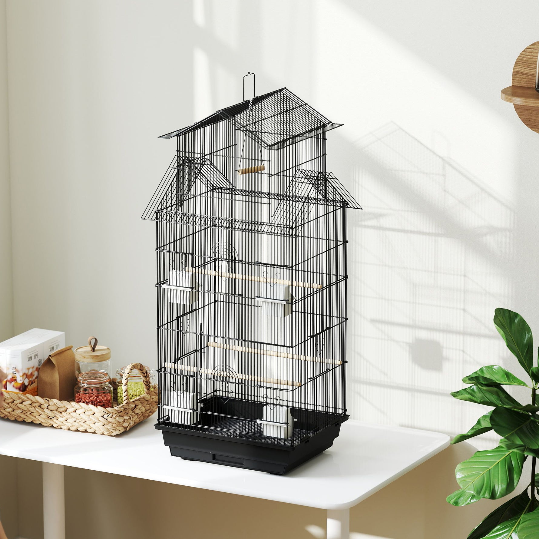 Cage à oiseaux volière avec balançoire poignée portable 4 mangeoires 3 perchoirs 50,5 x 41 x 104 cm en acier noir