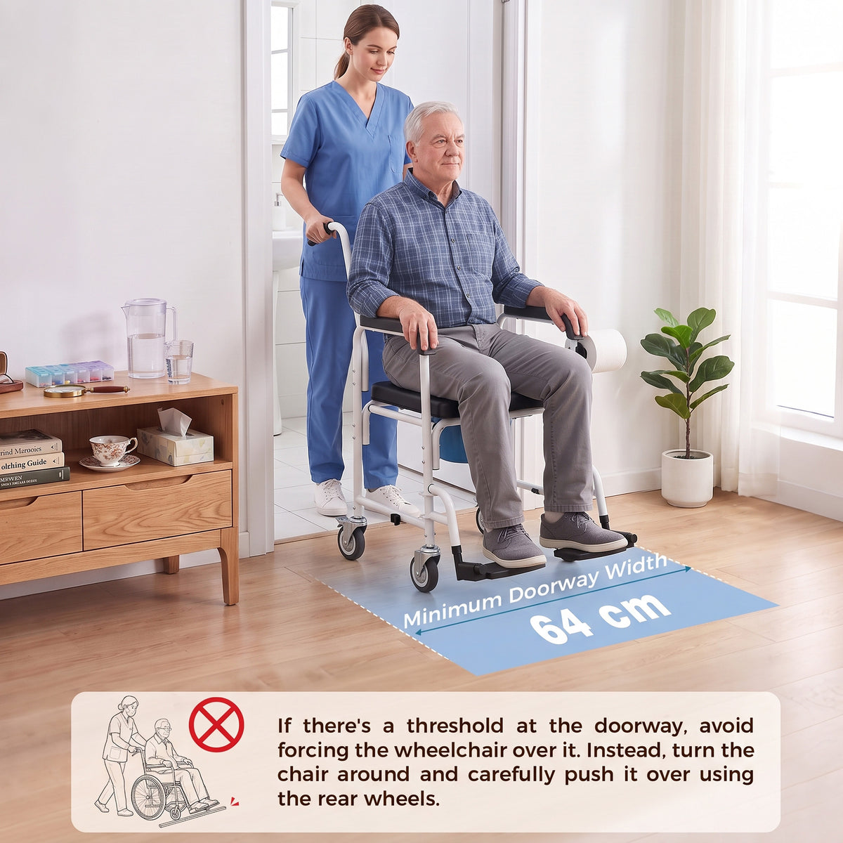 Silla con inodoro para adultos con ruedas, silla con inodoro para ducha con reposapiés, respaldo y reposabrazos, 53x97x97 cm, negro