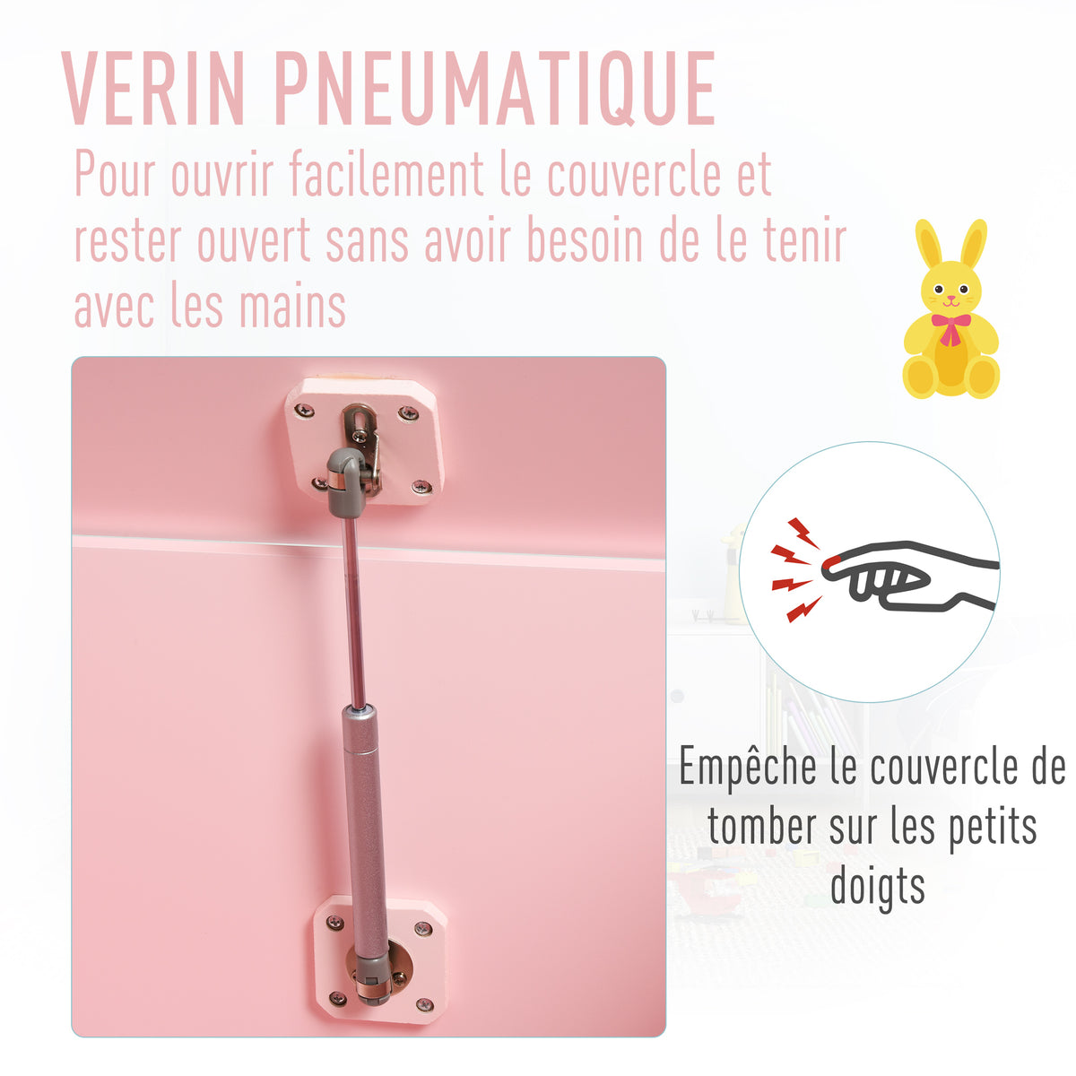 Coffres à Jouets pour Enfants Boîte à Jouets Malle de Rangement Dim. 60L x 40l x 48H cm Vérin Pneumatique MDF Rose