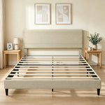 Cadre de Lit 160 x 200 cm avec Sommier en Bois, Rembourré en Effet Lin, Cadre en Acier, 9 Pieds Robustes, Beige