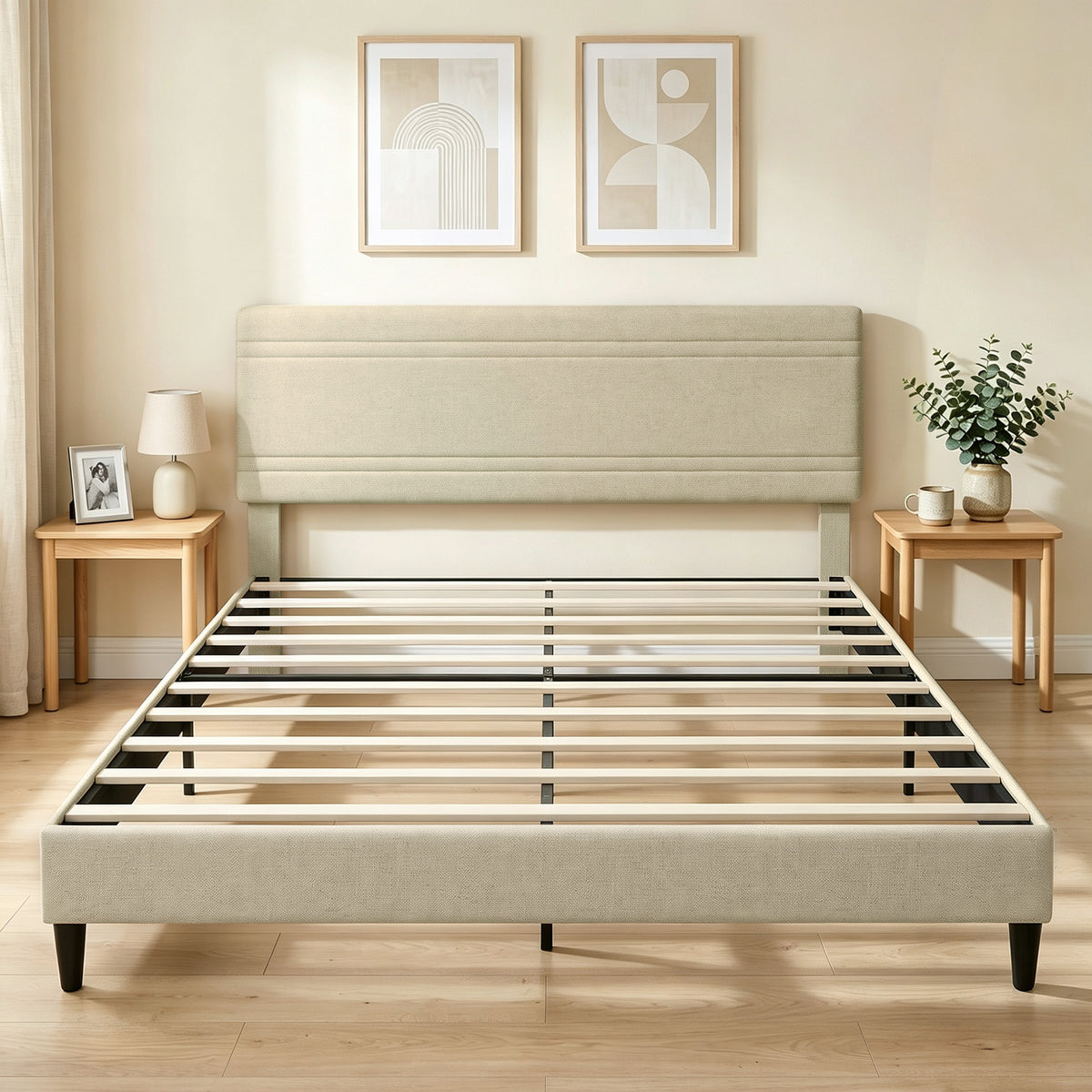 Cadre de Lit 160 x 200 cm avec Sommier en Bois, Rembourré en Effet Lin, Cadre en Acier, 9 Pieds Robustes, Beige