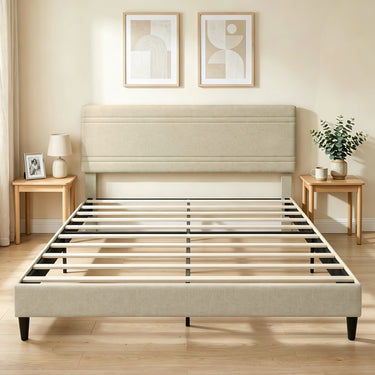 Cadre de Lit 160 x 200 cm avec Sommier en Bois, Rembourré en Effet Lin, Cadre en Acier, 9 Pieds Robustes, Beige