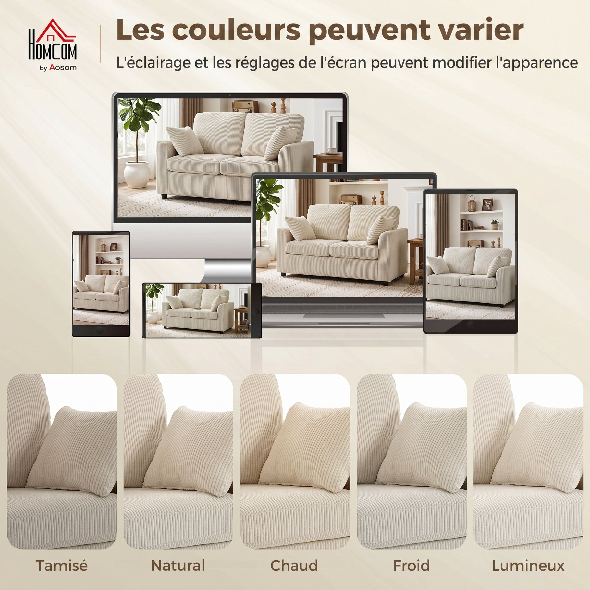 Canapé 2 Places en Velours Côtelé, Canapé de Salon 144 cm avec Assise Large Rembourrée, 2 Oreillers, Beige