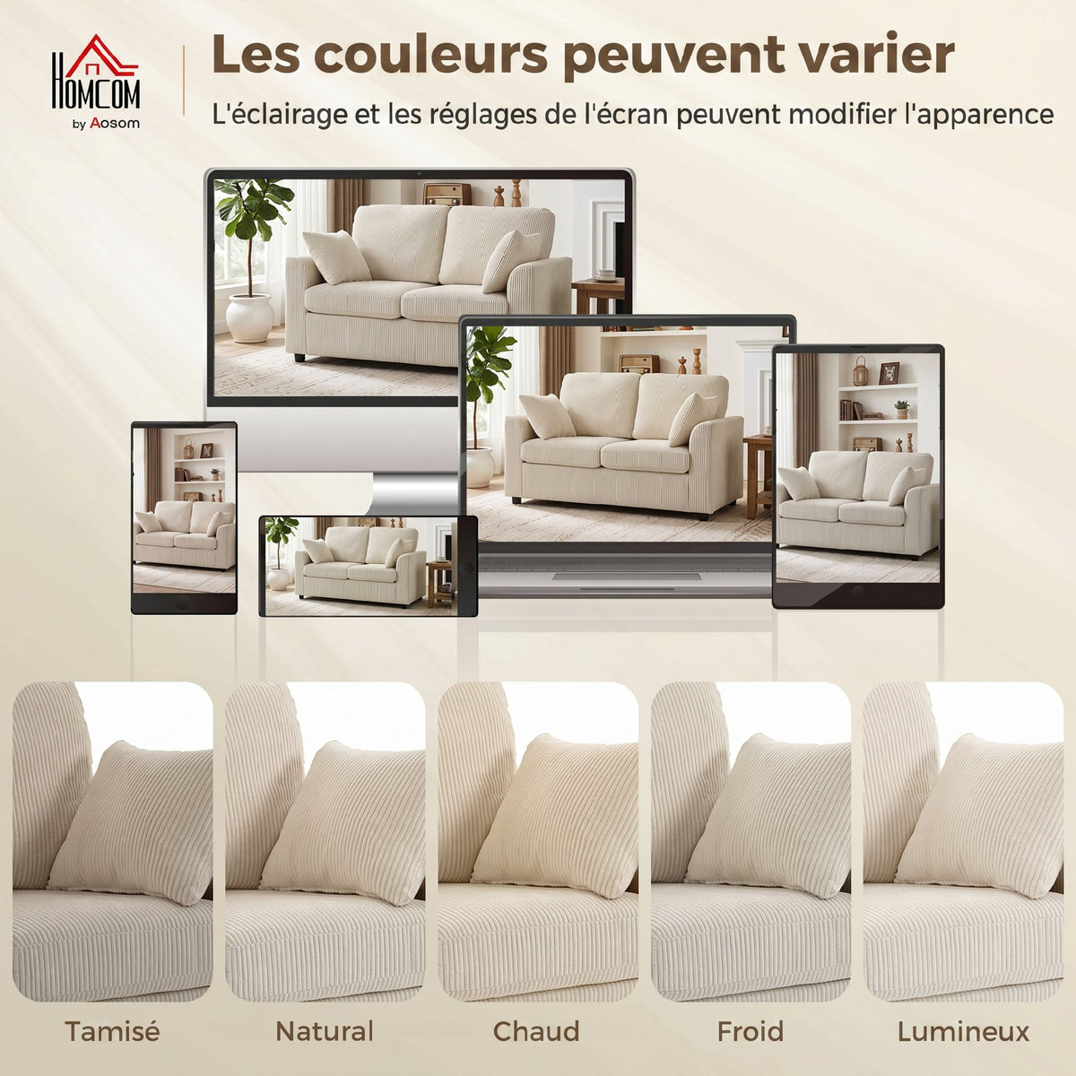 Canapé 2 Places en Velours Côtelé, Canapé de Salon 144 cm avec Assise Large Rembourrée, 2 Oreillers, Beige