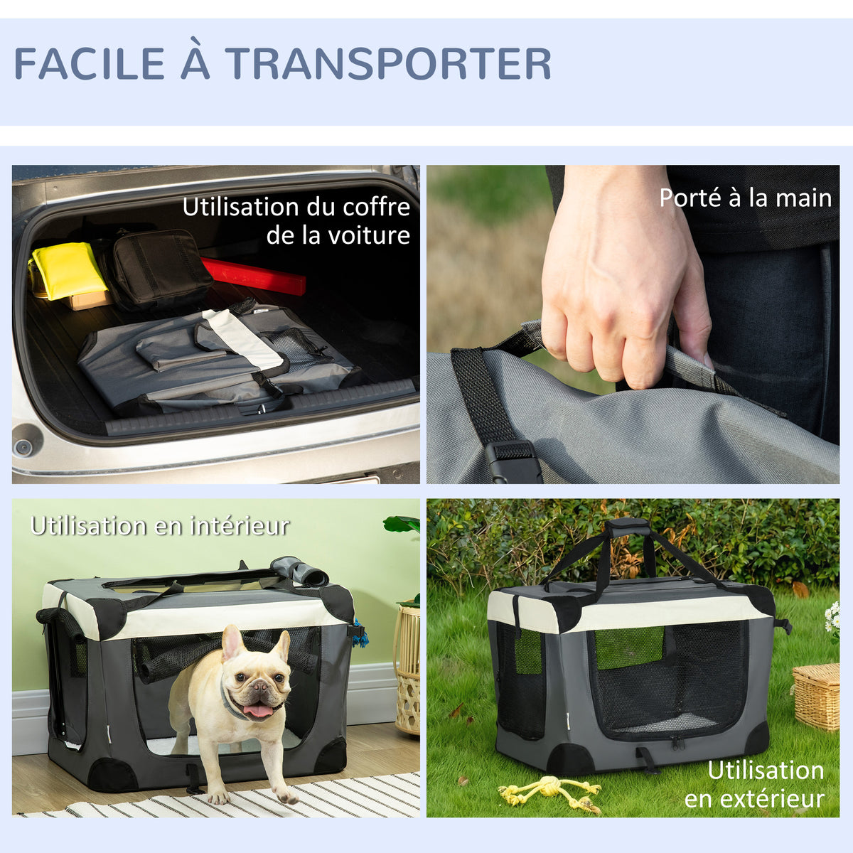 Sac de transport pliable - poignée, 3 entrées zippées, poche - coussin amovible - acier oxford polyester gris noir