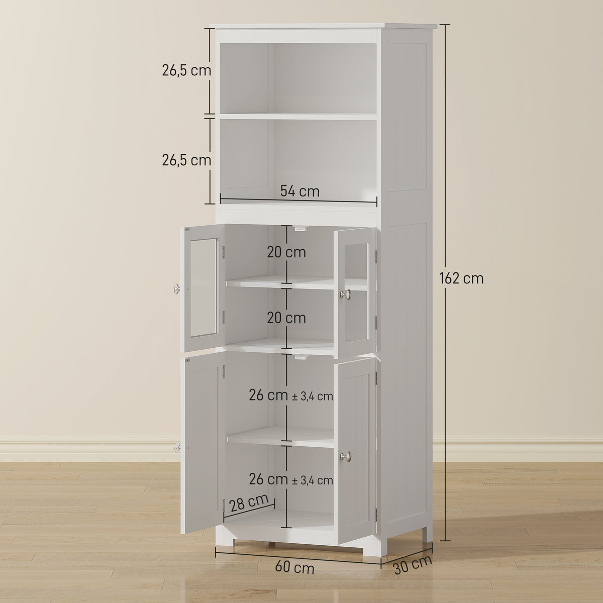 Armoire de cuisine buffet cuisine vaisselier meuble de rangement avec 2 niches, 2 placards avec 4 portes dont 2 portes vitrées, étagère réglable - dim. 60I x 30P x 162H cm blanc