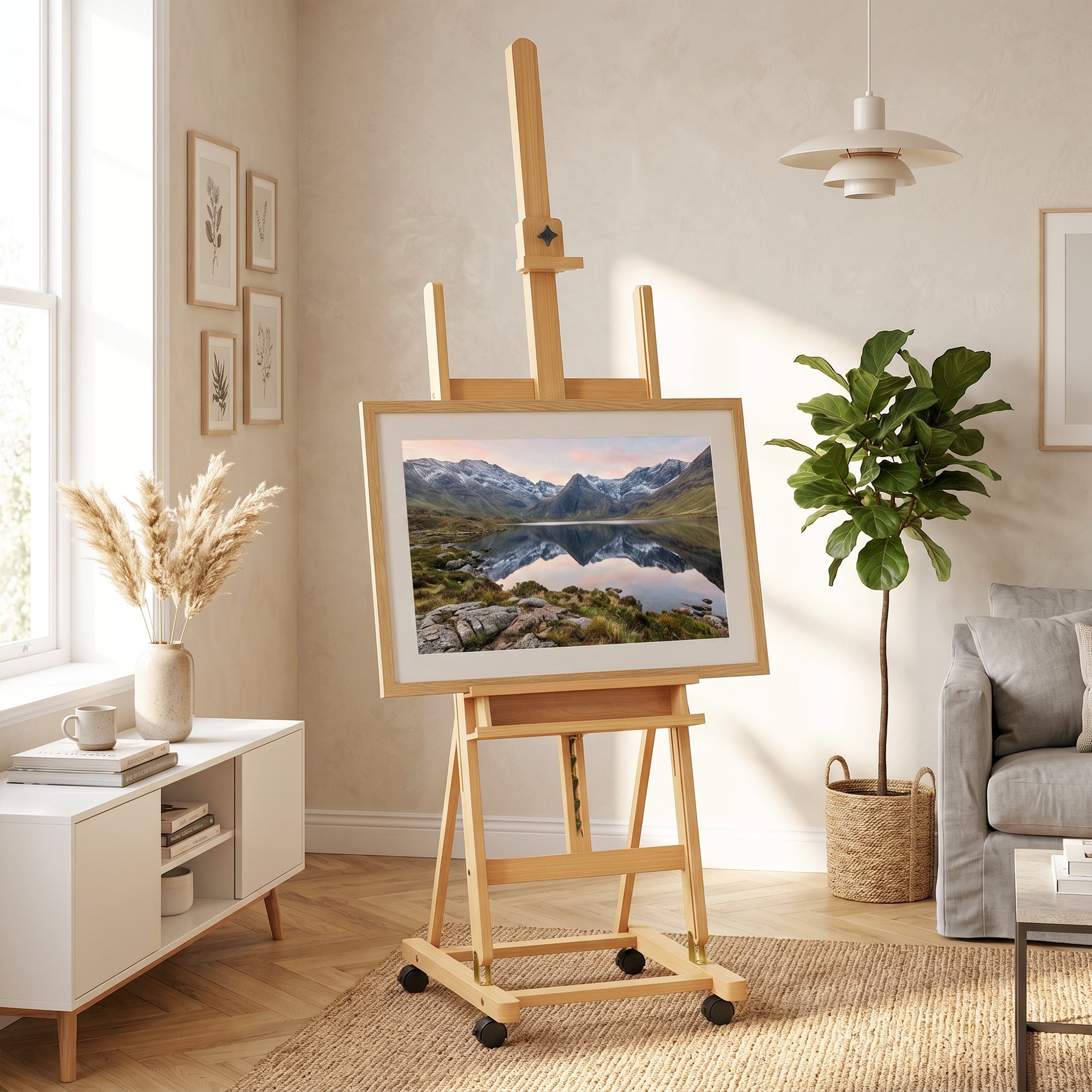 Chevalet d'artiste sur roulettes pliable en bois de hêtre pour toiles à peindre jusqu'à 118 cm bois naturel