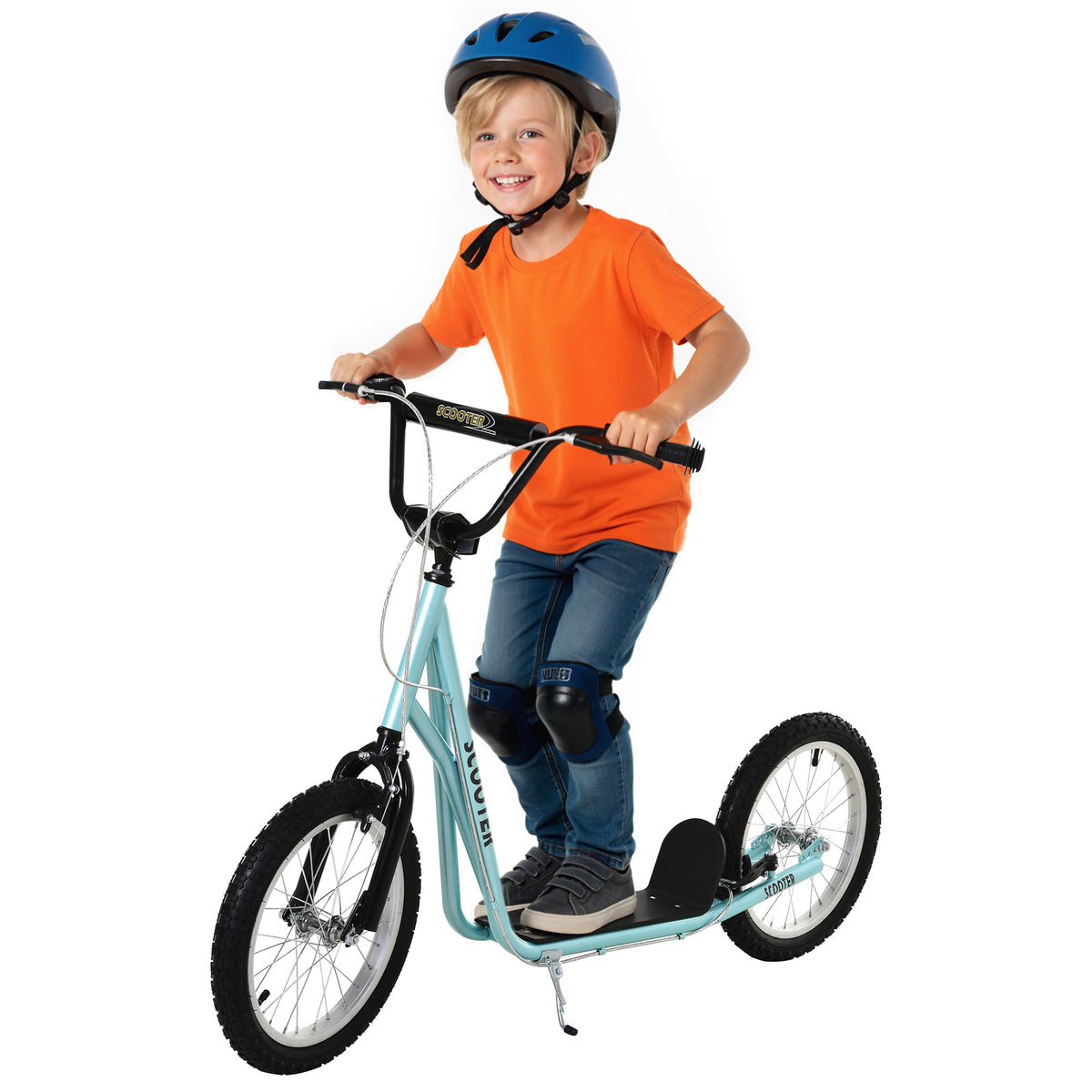 Trottinette patinette pour Enfants à partir de 5 Ans Grands pneus en Caoutchouc Guidon réglable poignée Frein et béquille Acier Charge max. 100 Kg Bleu
