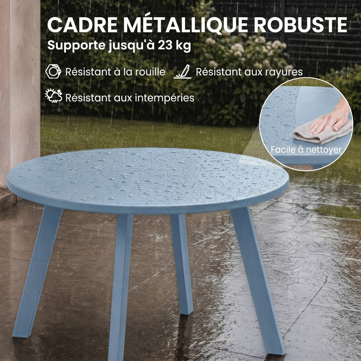Petite table basse ronde, table d'appoint avec patins antidérapants, cadre en métal, pour jardin, Ø 70 x 42 cm, bleu