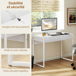 Bureau avec 2 tiroirs, table d'ordinateur 100 x 50 cm, bureau moderne pied en acier, pour petits espaces, blanc brillant