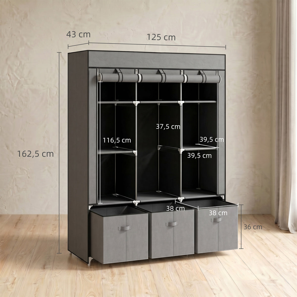 Faltbarer Stoffschrank mit 5 Regalen, 2 Kleiderstangen und 3 Stoffschubladen 125L x 43B x 162,5H cm